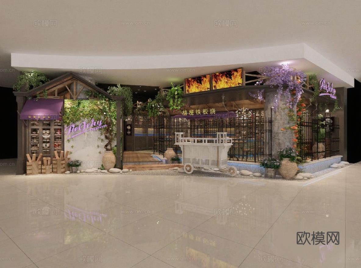 3D餐饮空间设计 现代乡村风店铺装饰 日式庭院铁板烧区域 米白紫色调餐厅建模 木质铁艺绿植商业展示免费3d模型下载