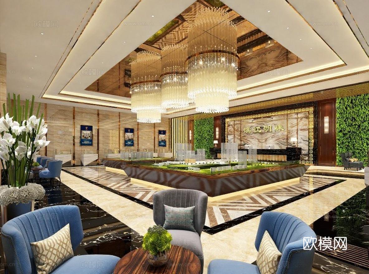 高端会所房地产展厅设计 豪华接待区3D模型展示空间 水晶吊灯绿植大理石装饰免费3d模型