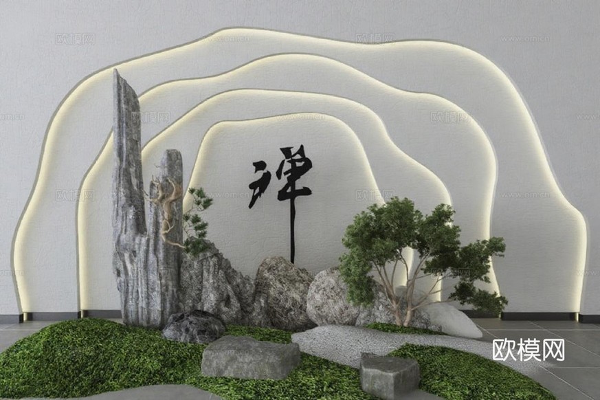 禅意空间设计 现代发光弧形背景书法艺术装置 室内自然景观装饰 苔藓盆景光影层次免费3d模型下载_ID16344942_3dmax免费模型-欧模网