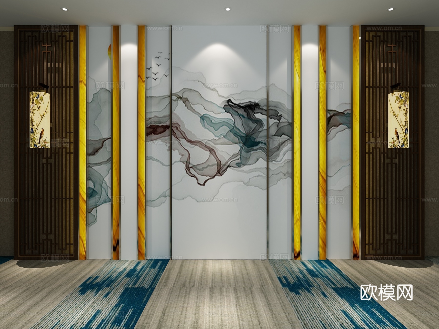 中式背景墙 形象墙 背景墙3d模型下载（渲染图2）