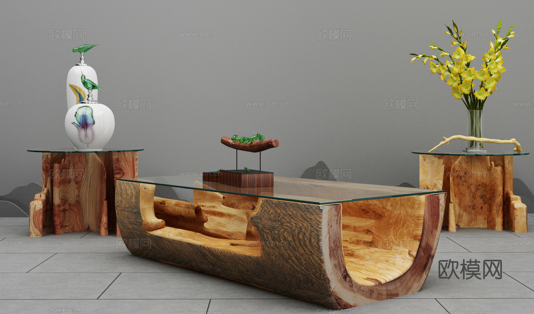 新中式禅意空间 老木头茶几组合3d模型下载（渲染图2）