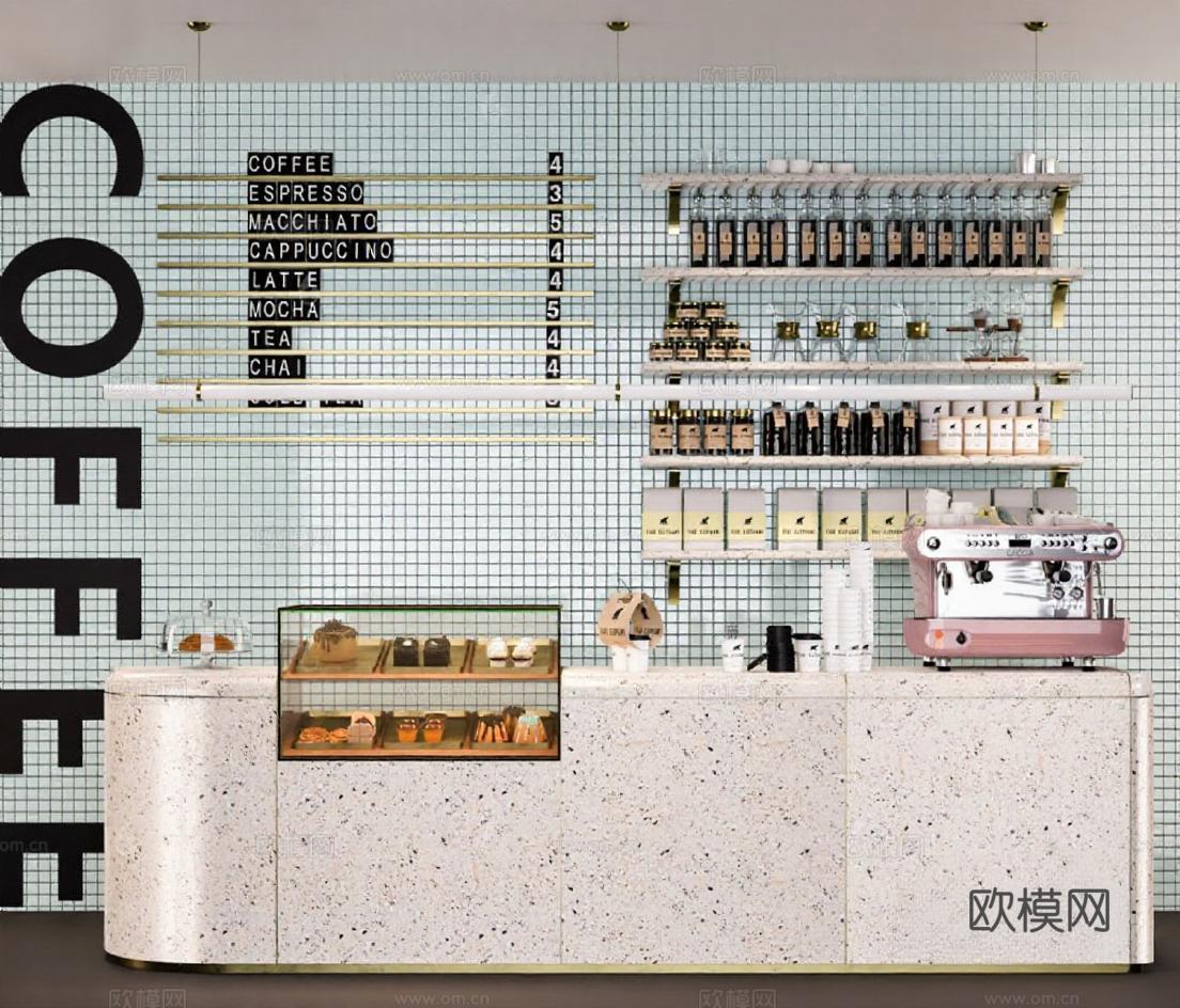 现代咖啡店设计 咖啡吧台布局 专业咖啡设备陈列 咖啡菜单展示柜 甜点咖啡厅空间装饰免费3d模型