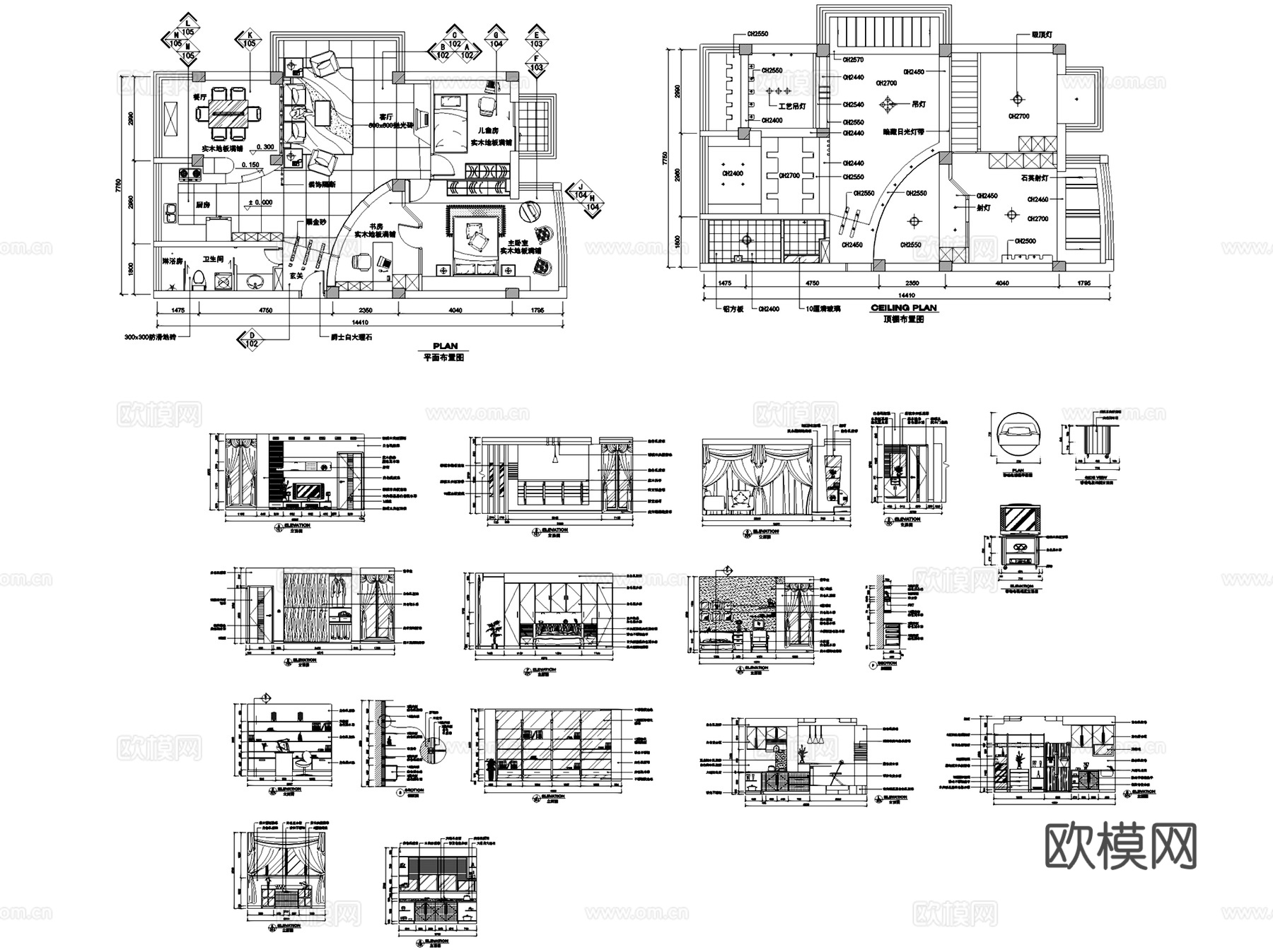 各风格类型三居室室内装饰CAD施工图集 12套cad施工图