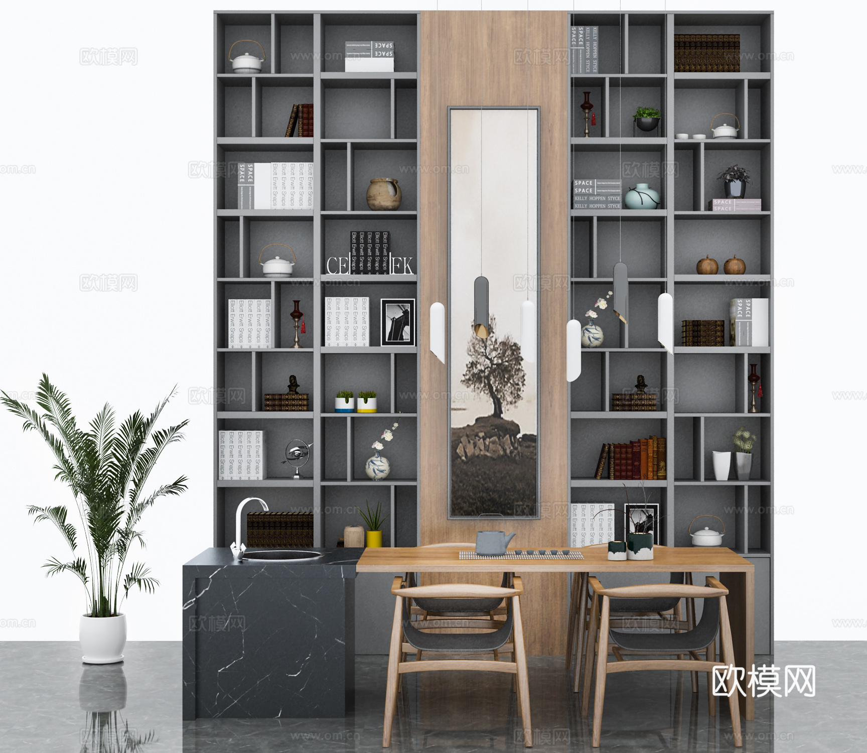 新中式泡茶桌  新中式单椅  置物架  书柜 吊灯 摆件3d模型下载（渲染图2）