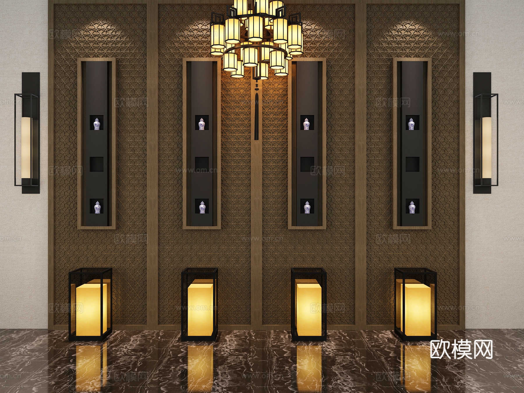 背景墙 形象墙 中式背景墙 中式地灯 中式吊灯 中式壁灯3d模型下载（渲染图1）