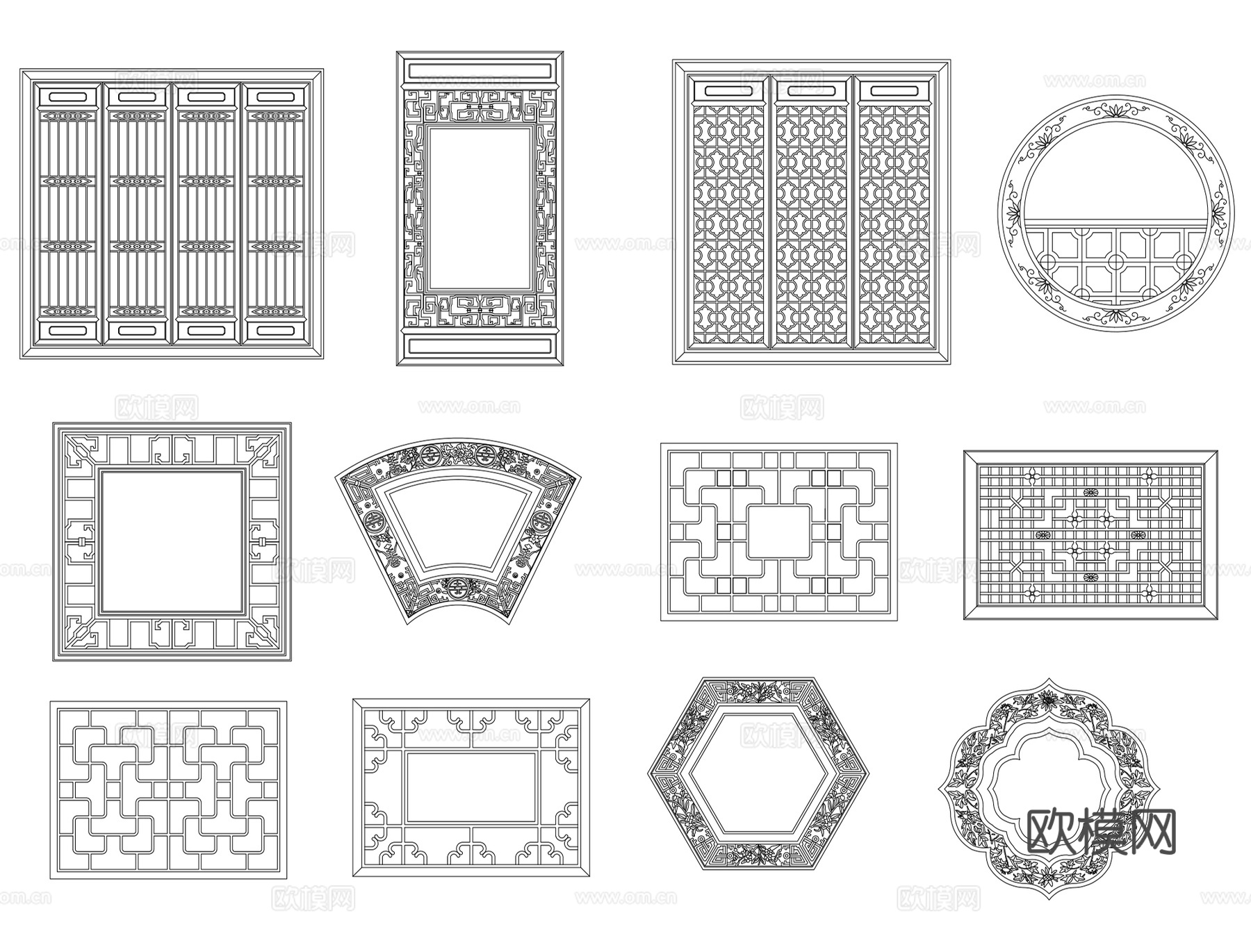 常用古建筑中式构造门窗纹样结构CAD施工图集图块 50套cad施工图