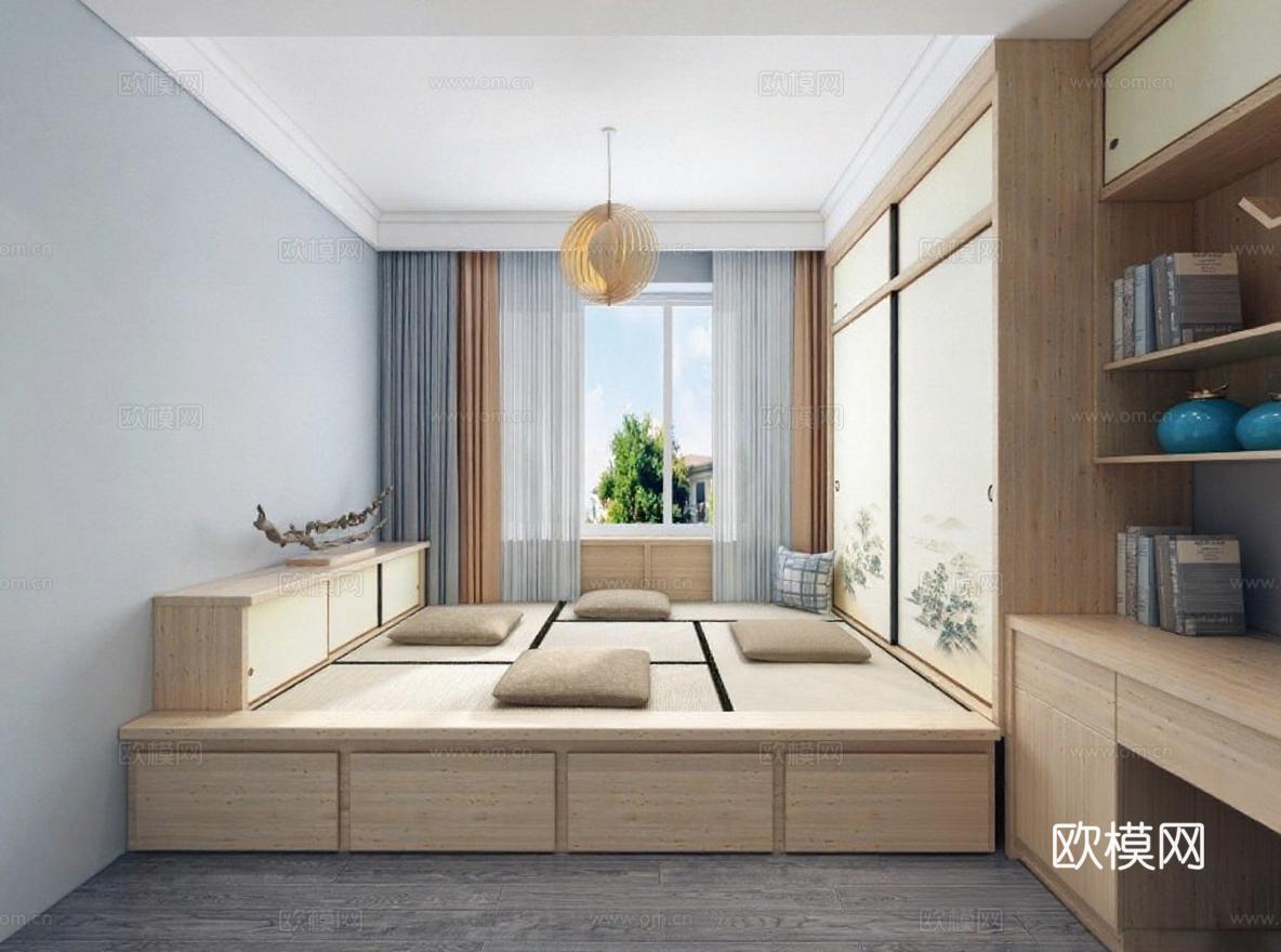 日式简约卧室榻榻米设计 原木收纳自然光家居装饰 宁静舒适室内空间免费3d模型下载