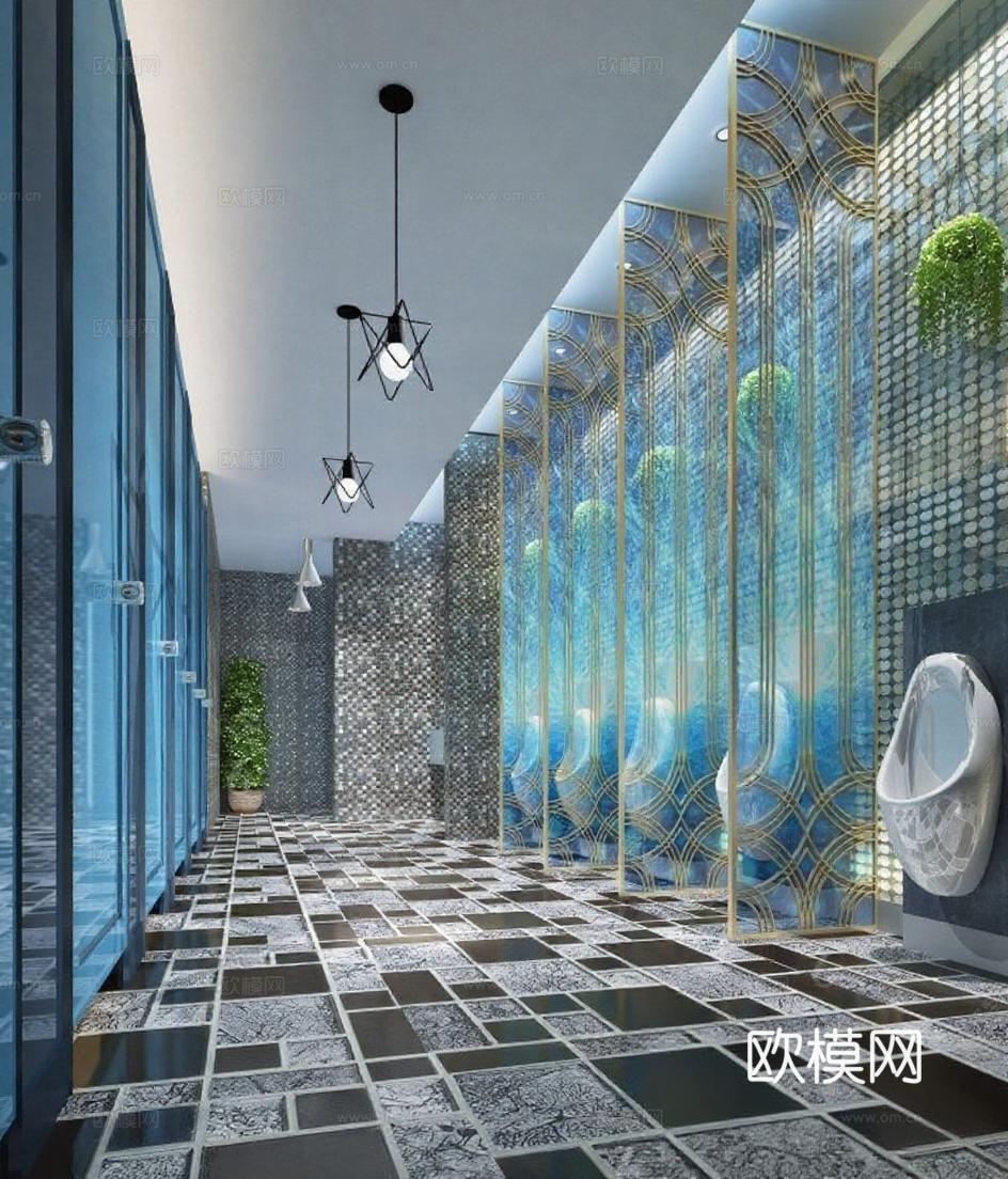 高端酒店卫浴空间设计 艺术装饰风格3D模型 奢华卫浴长廊案例 几何拼接瓷砖金属框架装饰效果图免费3d模型