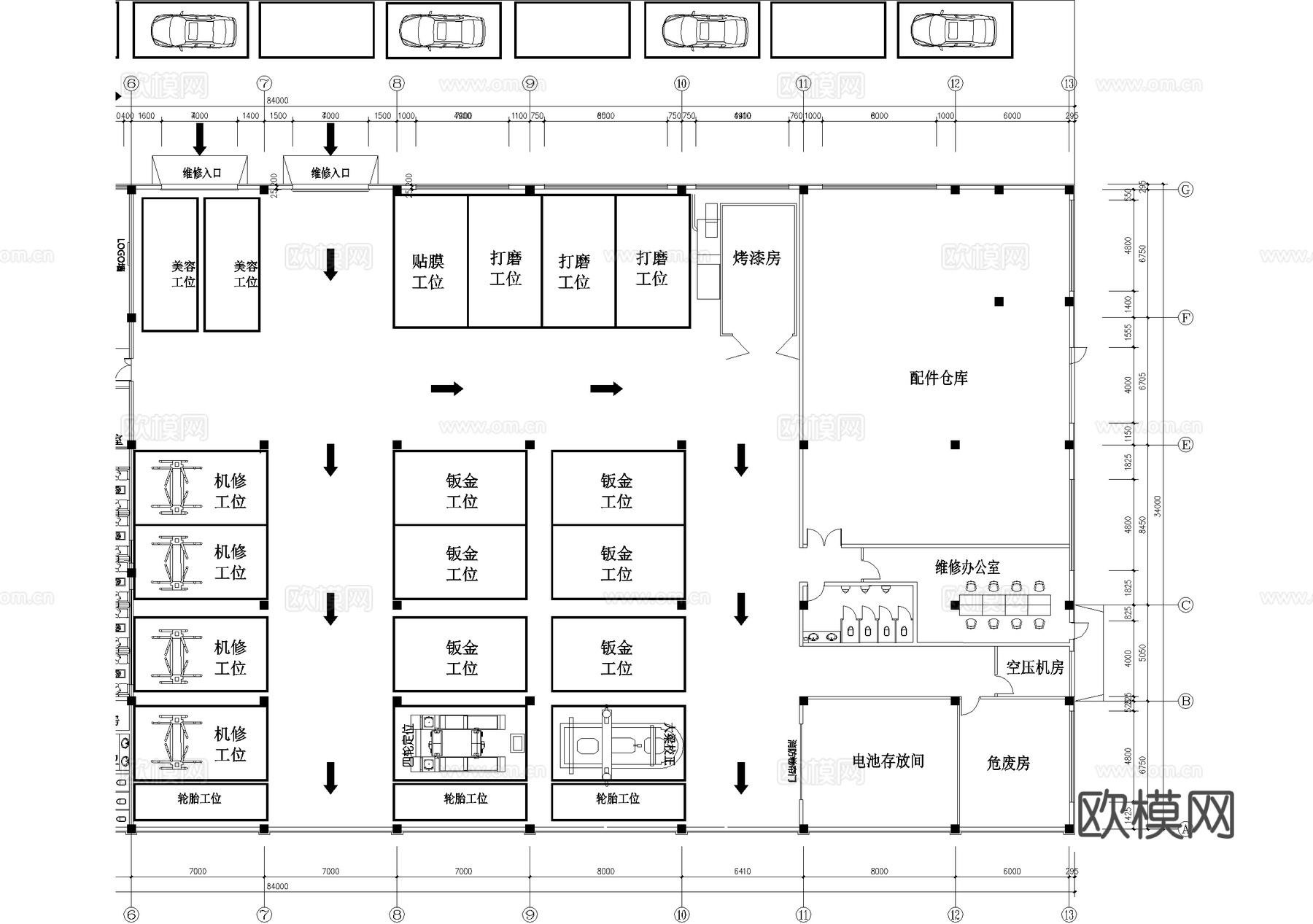 4s店汽车展厅维修体验服务中心平面图cad施工图