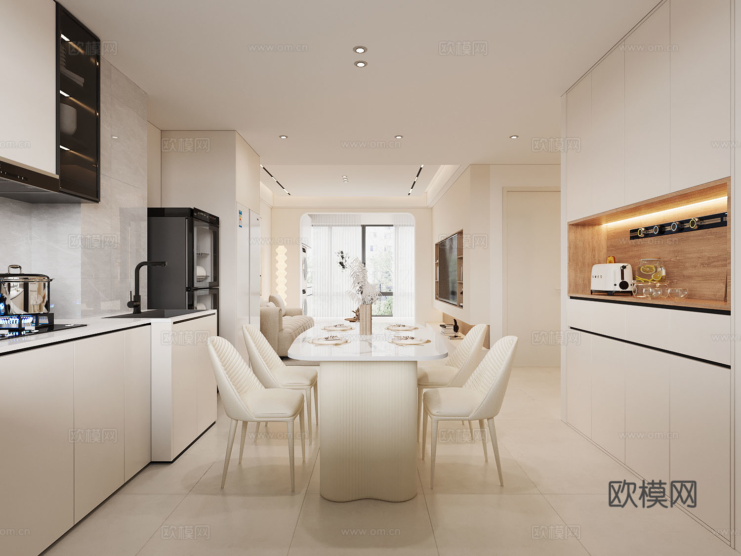 现代奶油客餐厅3d模型下载（渲染图1）