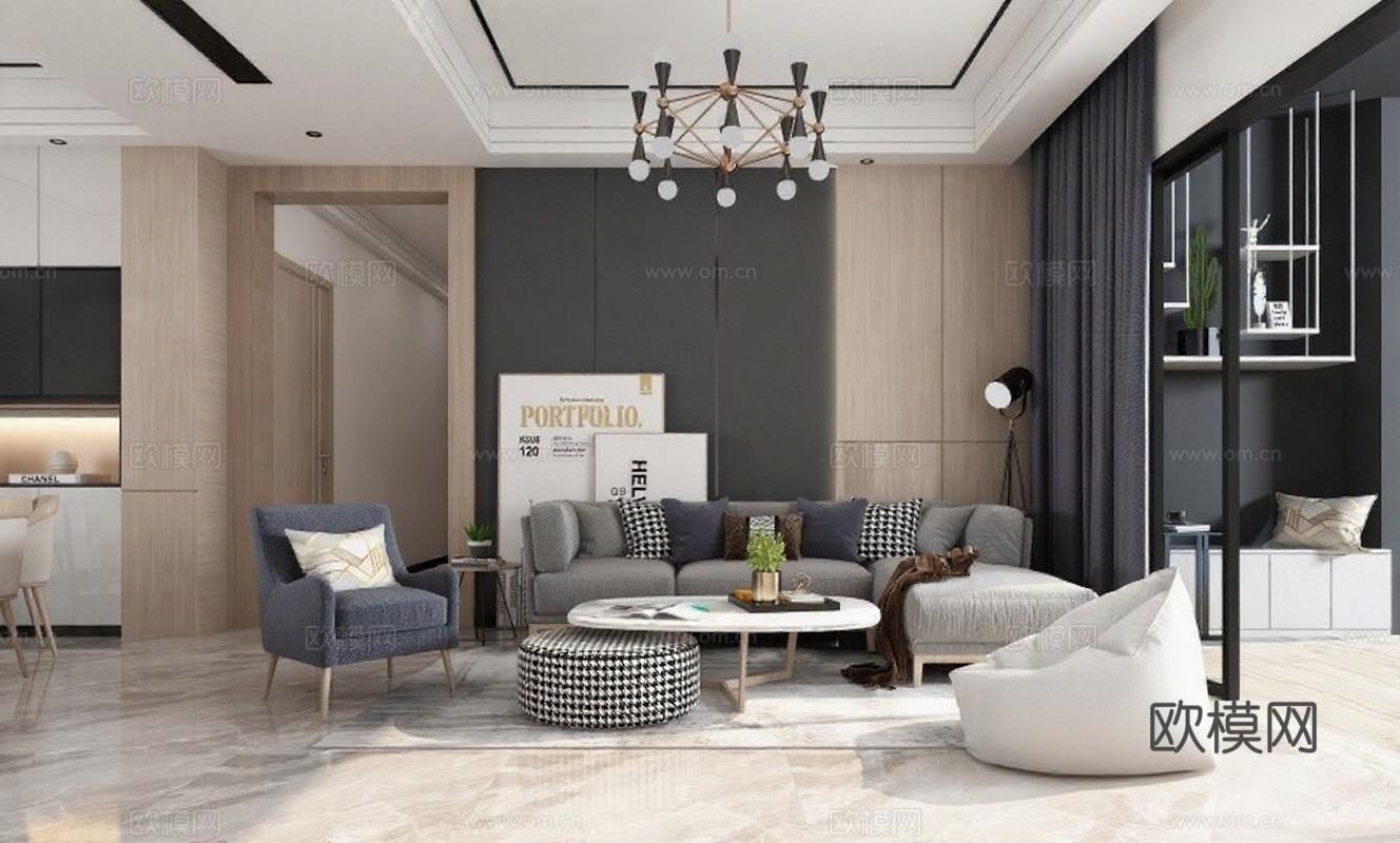 现代简约客厅装修设计 3D渲染效果图 高级感家居室内设计 灰白色调原木色搭配免费3d模型