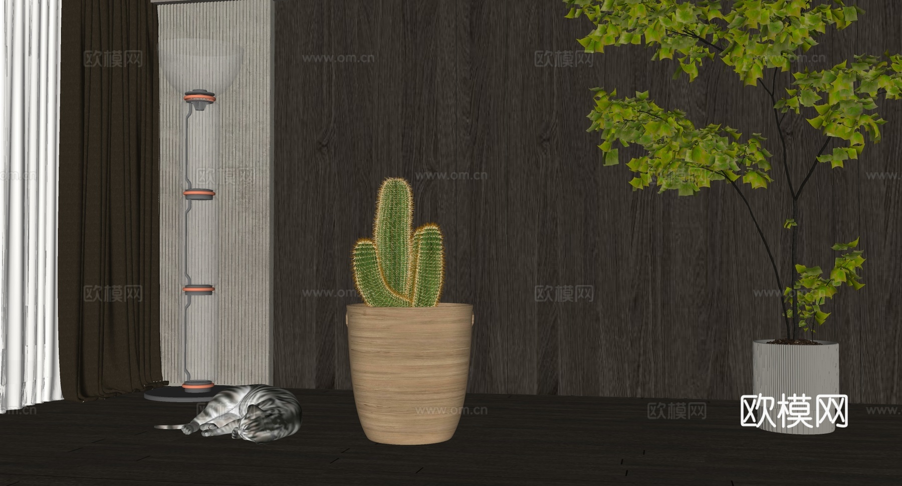 现代仙人掌盆栽 睡觉猫咪 玻璃落地灯su模型