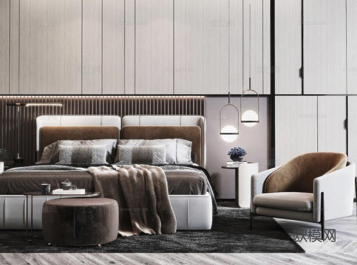 现代简约风格卧室设计 高端家具绒布皮革软装搭配 木质背景墙暖光灯带装饰 对称空间布局艺术吊灯免费3d模型下载