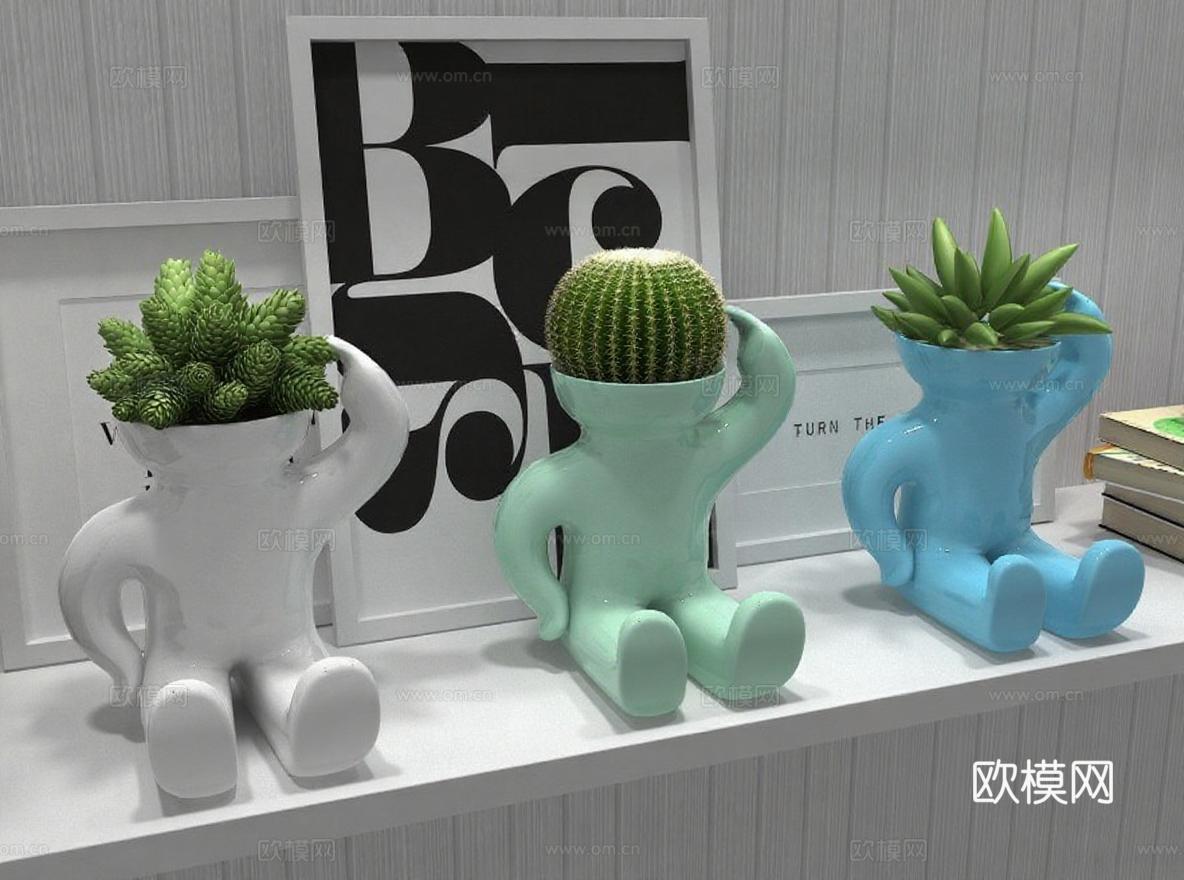 创意人形陶瓷花盆 多肉植物盆栽 现代简约家居装饰 ins风桌面摆件 办公室绿植创意摆设免费3d模型下载