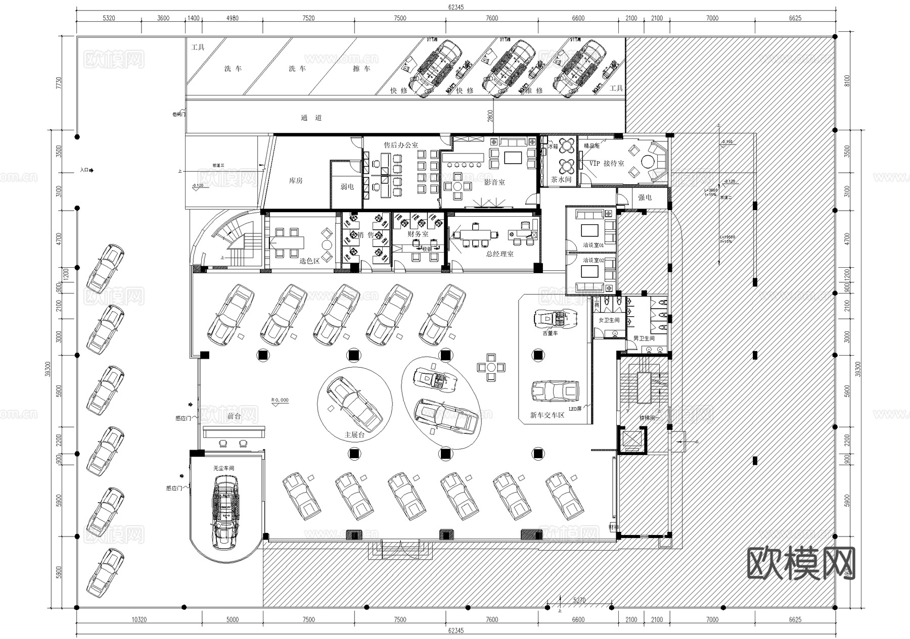 4s店汽车展厅维修体验服务中心平面图cad施工图