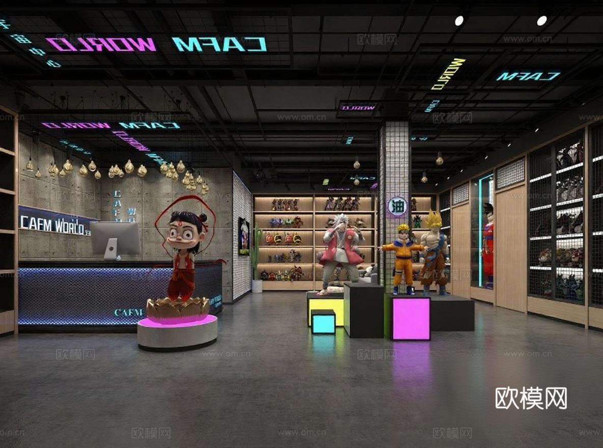 赛博朋克动漫主题空间 3D模型手办沉浸式展厅 潮流文化游戏周边体验馆 工业风霓虹灯二次元展馆免费3d模型