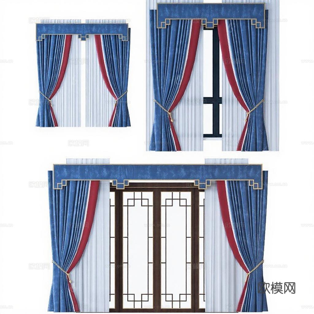 中式窗帘3D模型设计 深蓝色绒布金属绑带窗帘 高端家居酒店中式窗格装饰 中式风格窗帘产品展示封面图免费3d模型下载