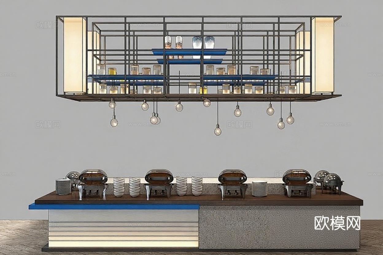 现代工业风自助餐台设计 极简餐厅装饰案例 酒店餐饮3D模型效果免费3d模型