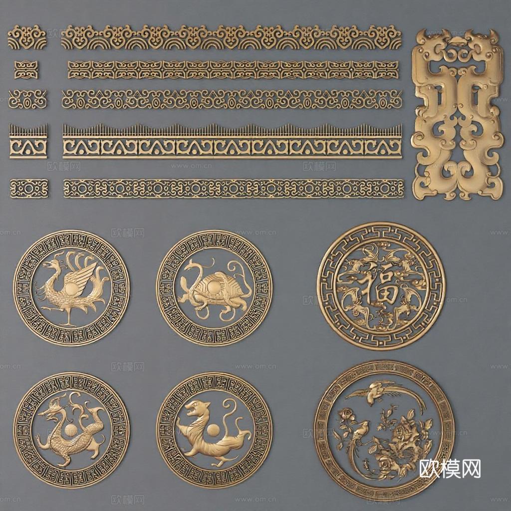 中式传统雕刻纹样素材 金属质感边框浮雕图案 神话动物吉祥字符3D模型免费3d模型