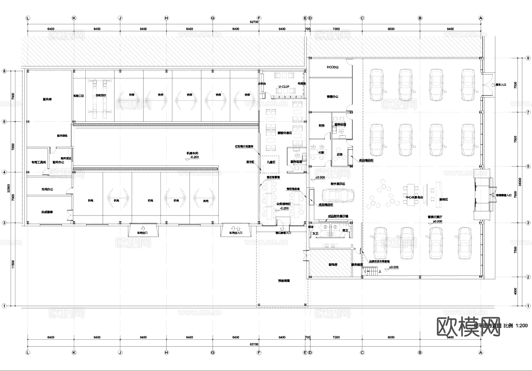 4s店汽车展厅维修体验服务中心室内工装cad施工图cad施工图