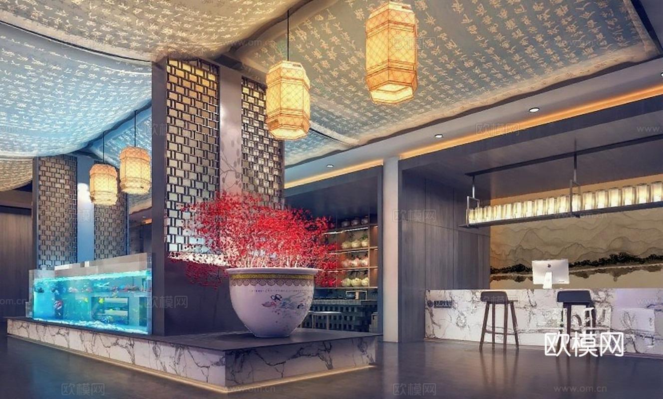 新中式现代奢华室内设计 高端酒店艺术空间酒吧餐厅 沉浸式商业空间灯光设计免费3d模型