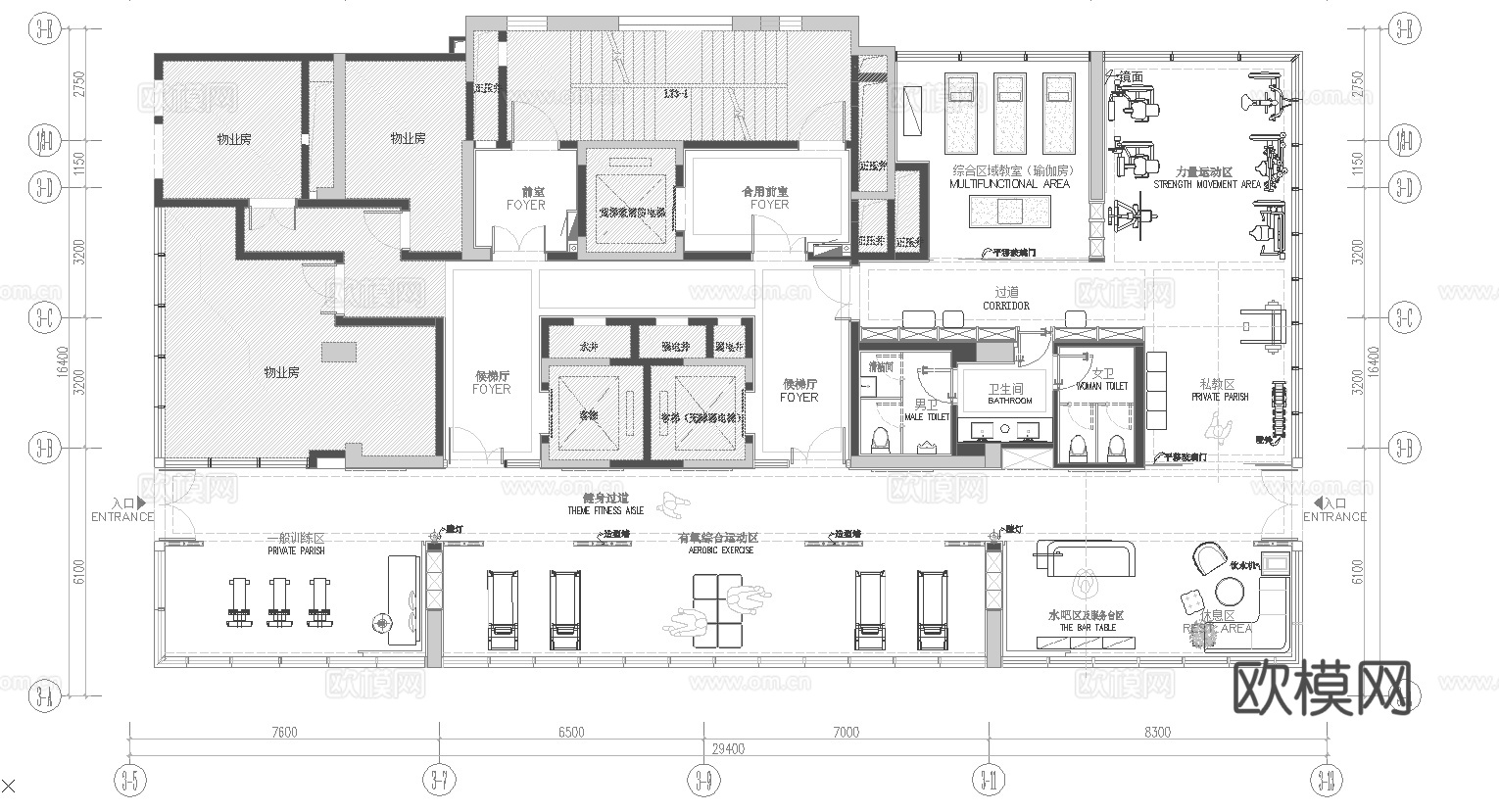 健身会所 最新平面施工图合集cad施工图