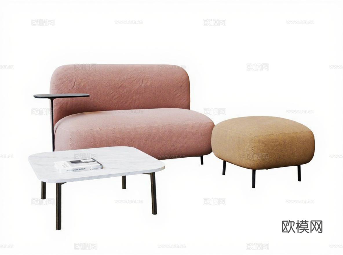 现代简约客厅家具组合 粉色布艺沙发大理石茶几设计 温馨居家氛围客厅装饰 北欧风金属脚凳家居摄影免费3d模型