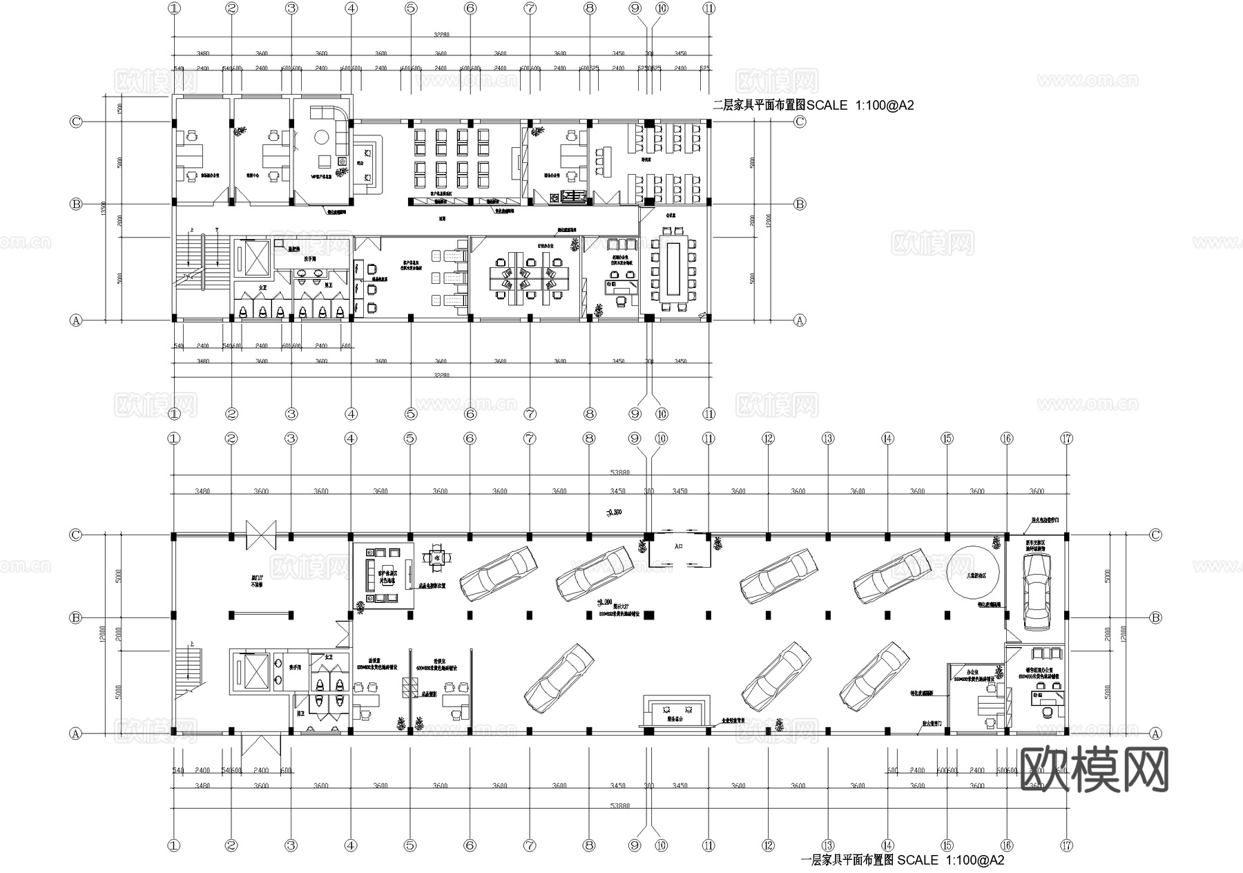 汽车展厅4s店体验服务中心二层平面图cad施工图