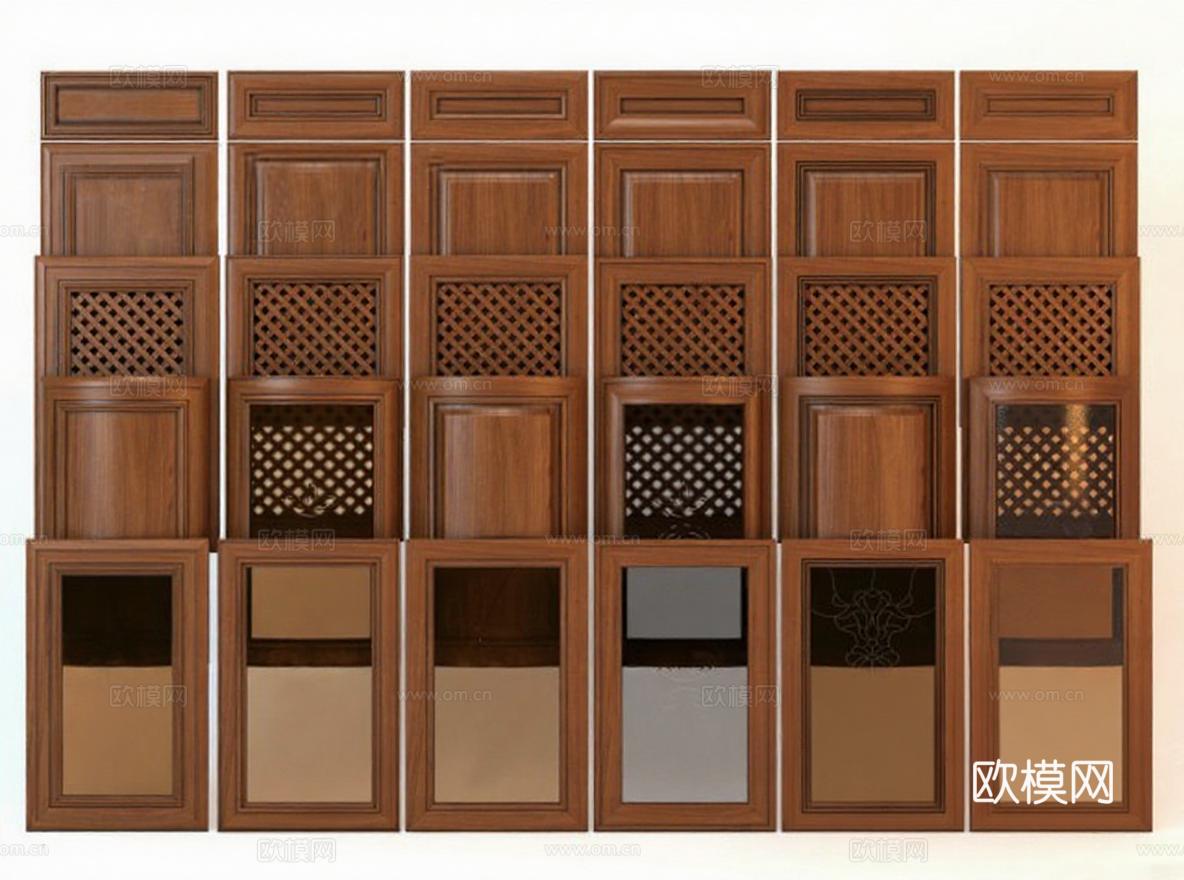 现代中式木门柜门设计 3D模型家具展示 深棕色实木门框雕花玻璃工艺 定制室内门产品目录免费3d模型