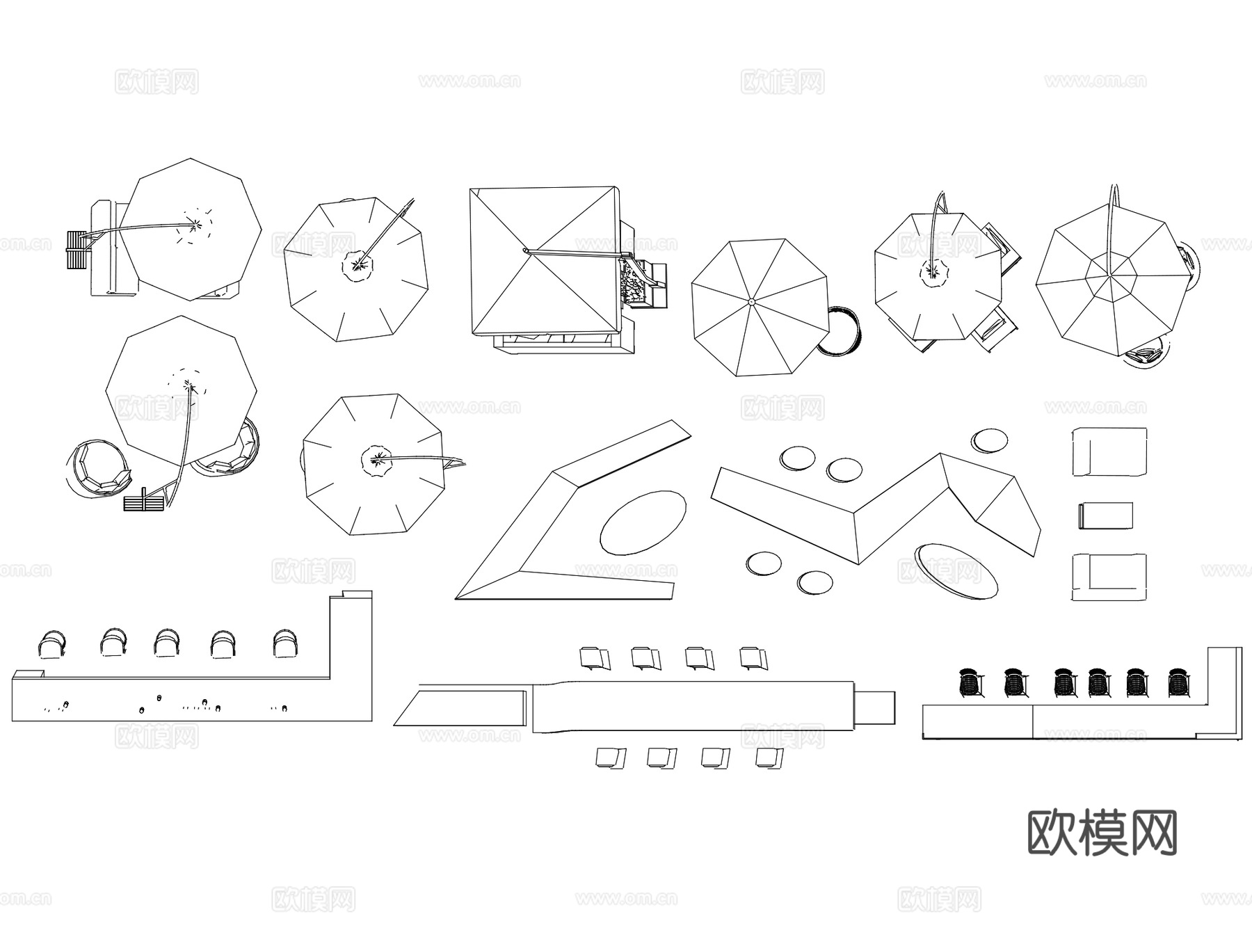 户外餐桌椅太阳伞景观小品平面CAD图块图库集 4套cad施工图