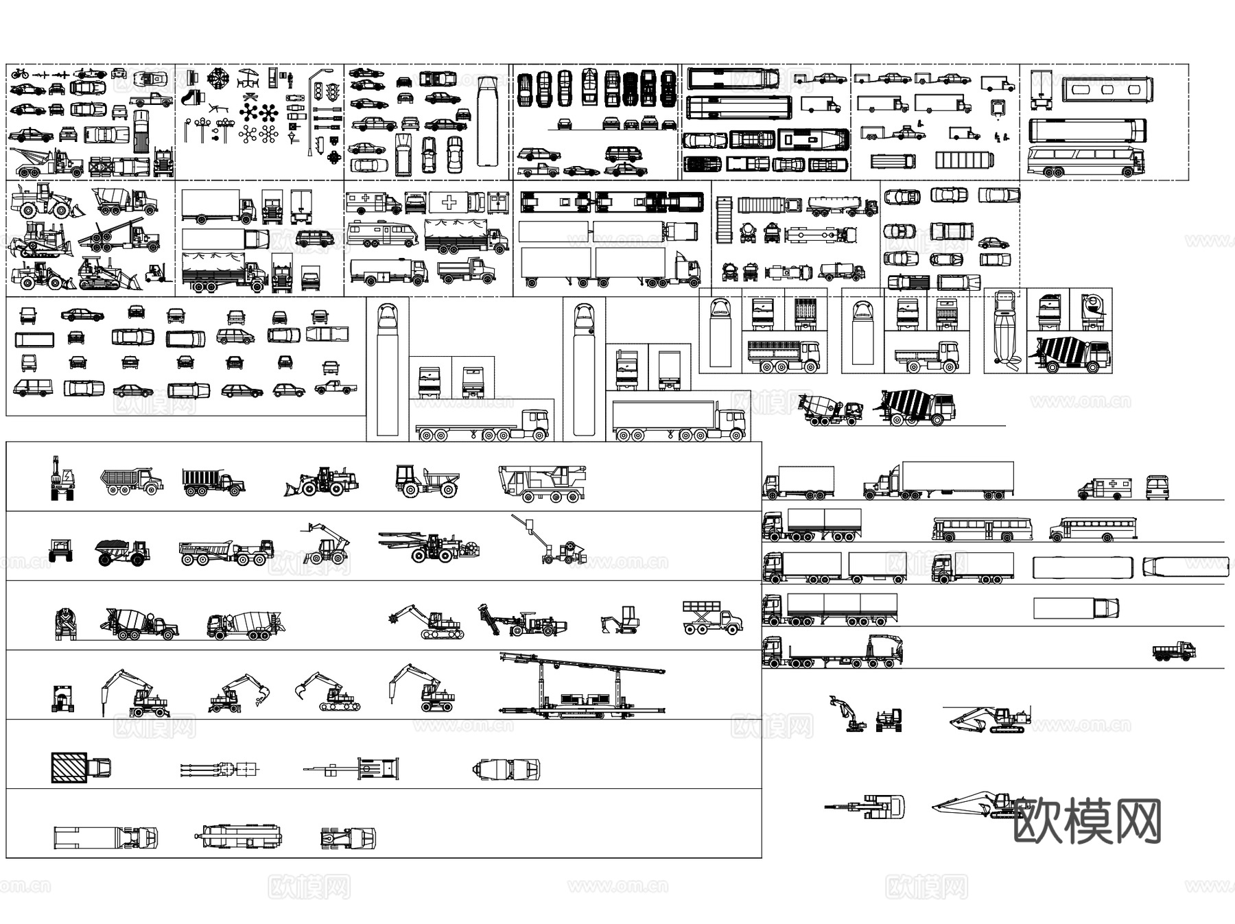 汽车卡车运输车吊车交通工具平面CAD图块图库集 4套cad施工图