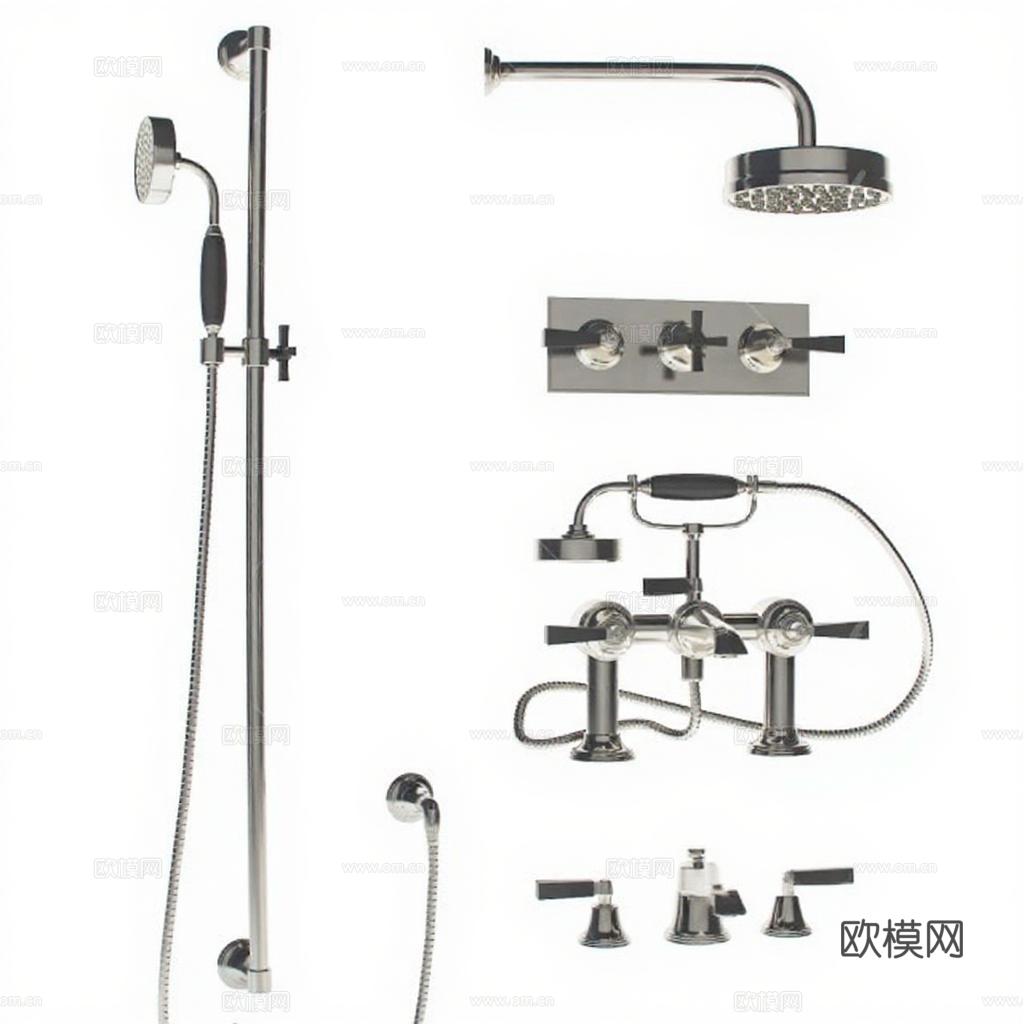 高端卫浴套装 现代淋浴系统 浴室配件组合 银色金属 黑色手柄 科技感设计免费3d模型