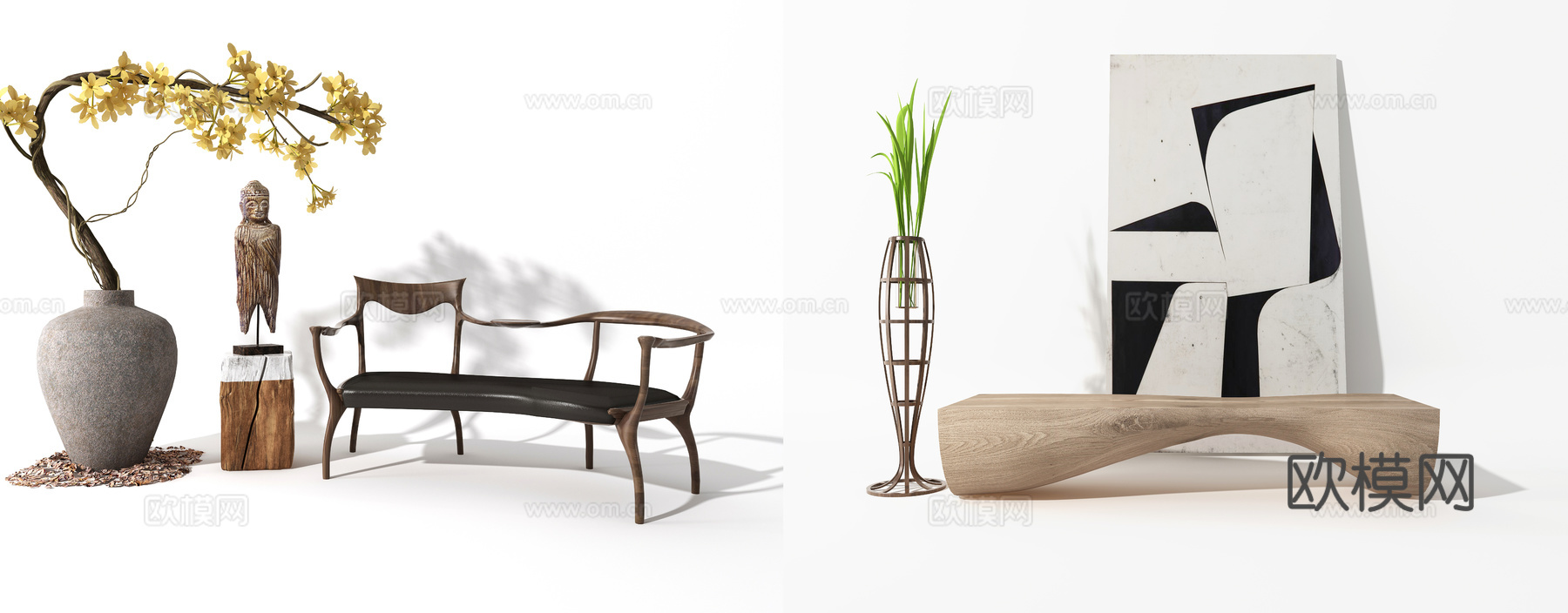现代单椅 干支 新中式长椅3d模型下载（渲染图2）