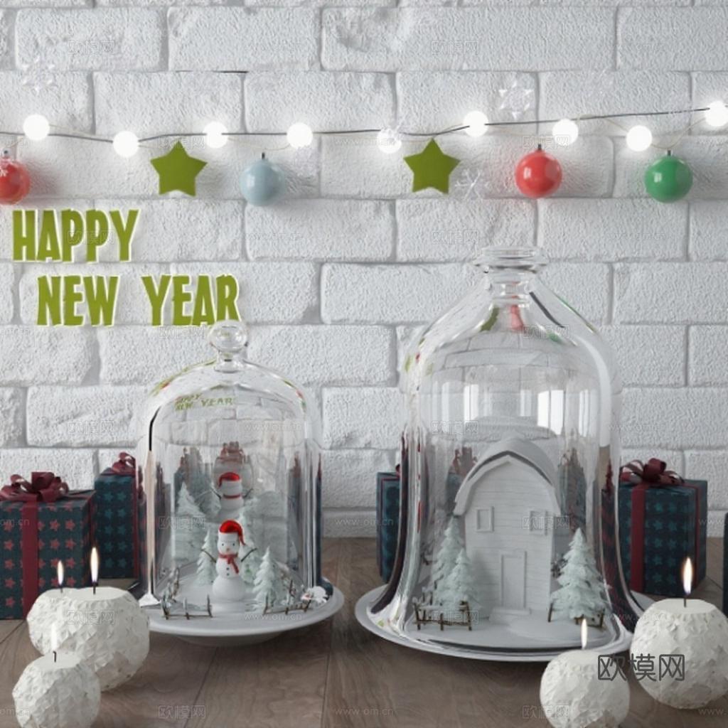 圣诞新年装饰玻璃罩雪人小屋 节日氛围创意家居摆件 3D模型节日装饰品 圣诞主题家居装饰品 节日串灯背景墙装饰免费3d模型