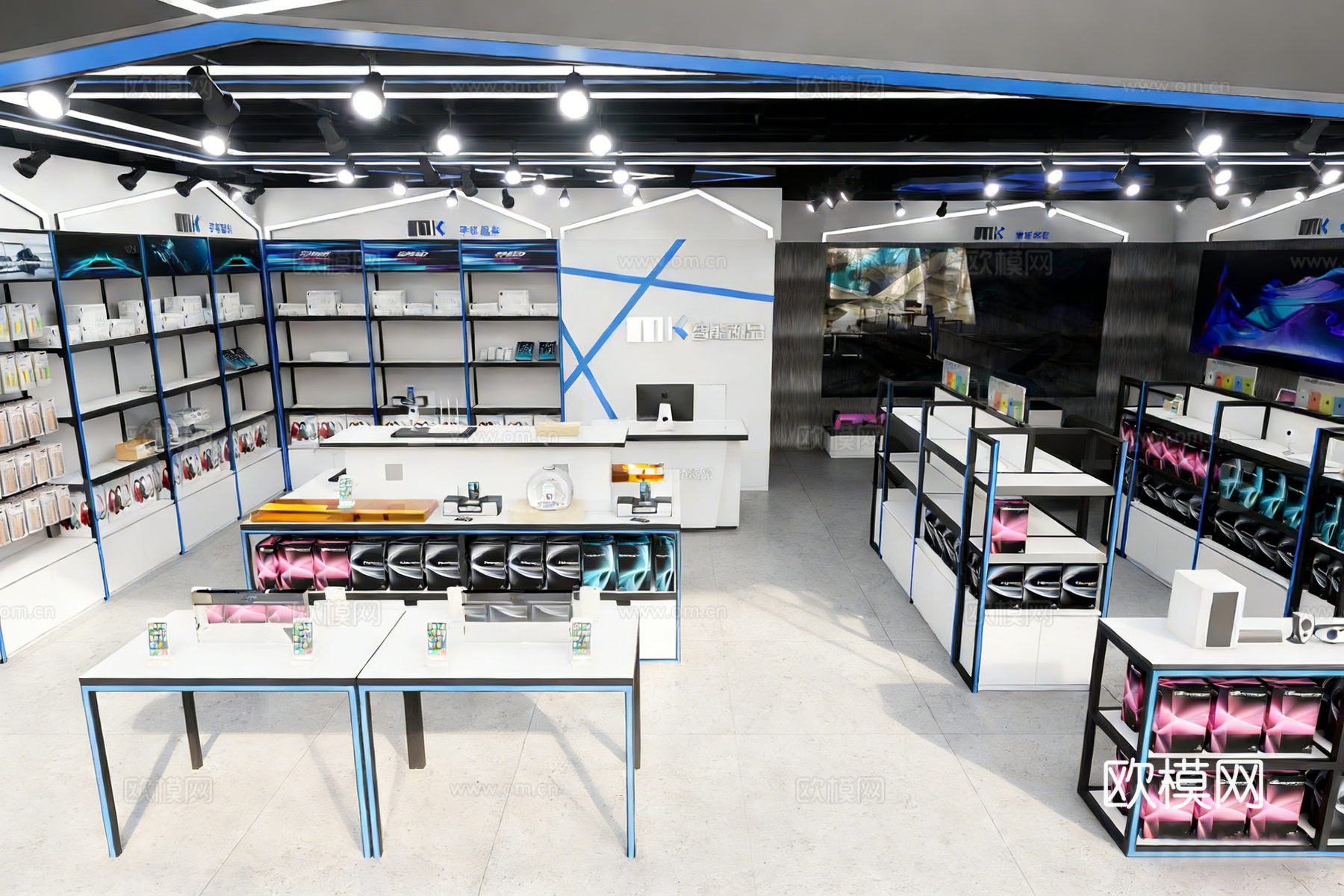 现代科技风数码零售店 多层货架 蓝色LED灯带 中央展桌su模型
