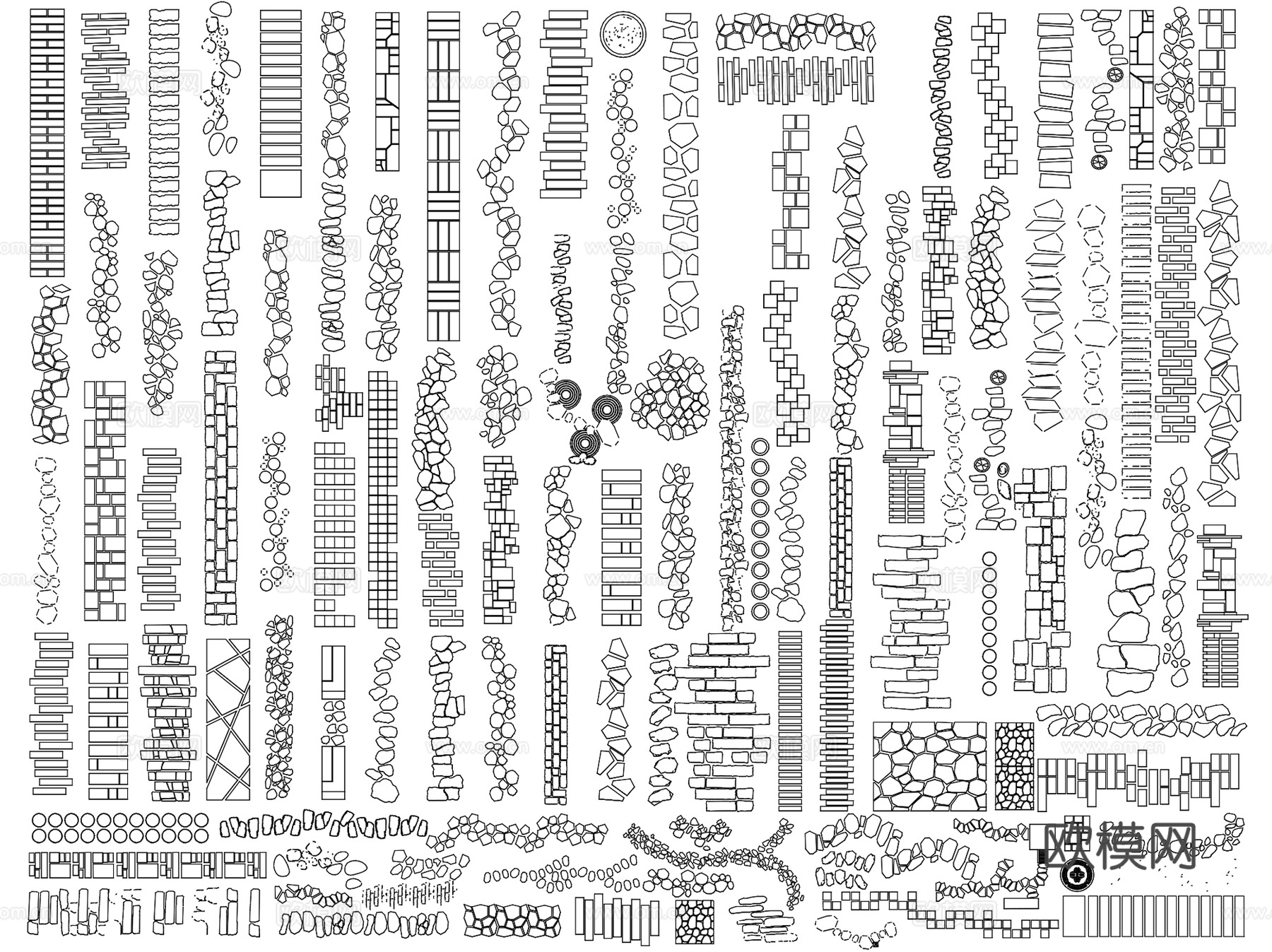 中式景观汀步小路青石板步道平面CAD图块图库集 4套cad施工图