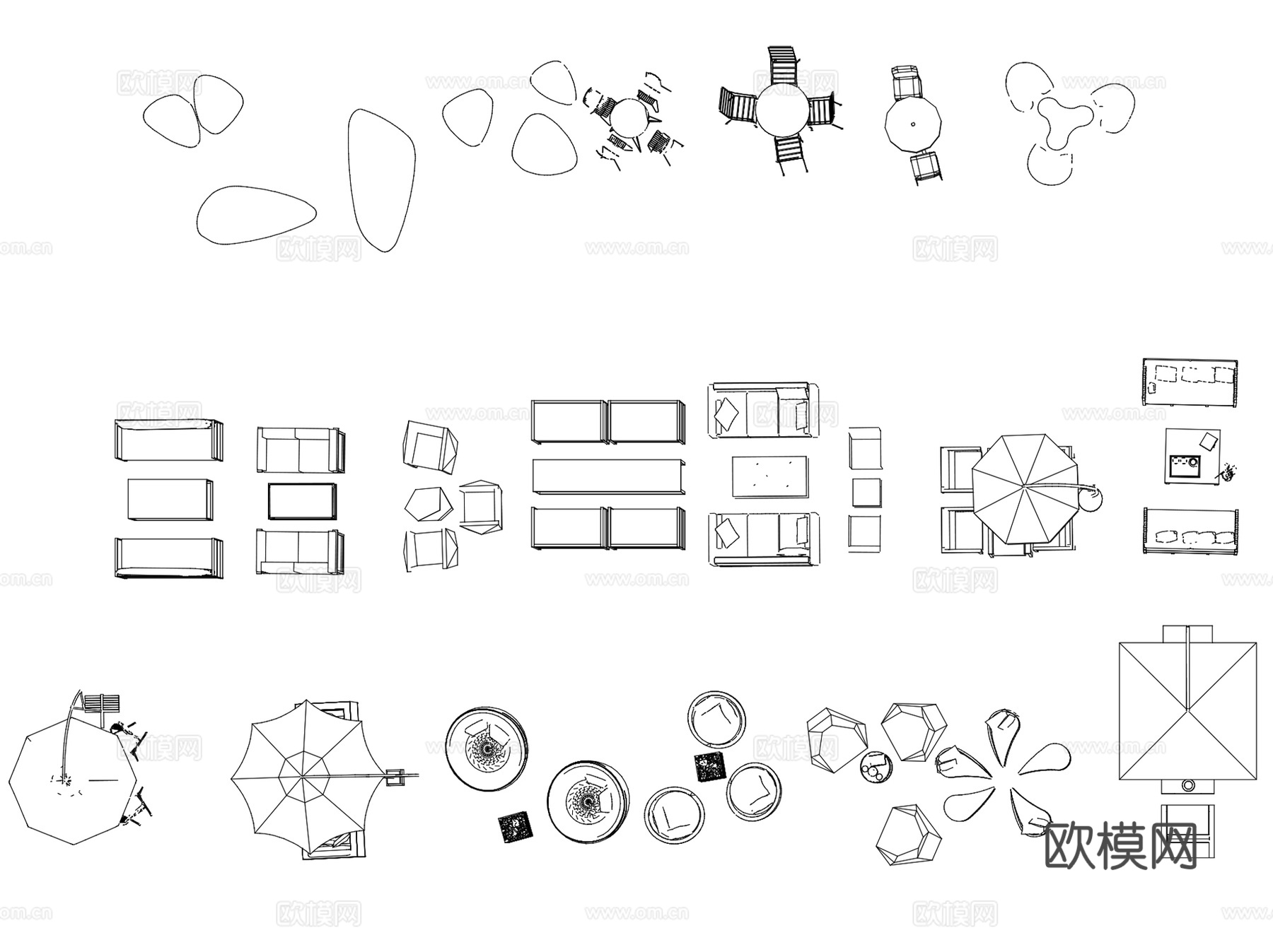 户外餐桌椅太阳伞景观小品平面CAD图块图库集 4套cad施工图