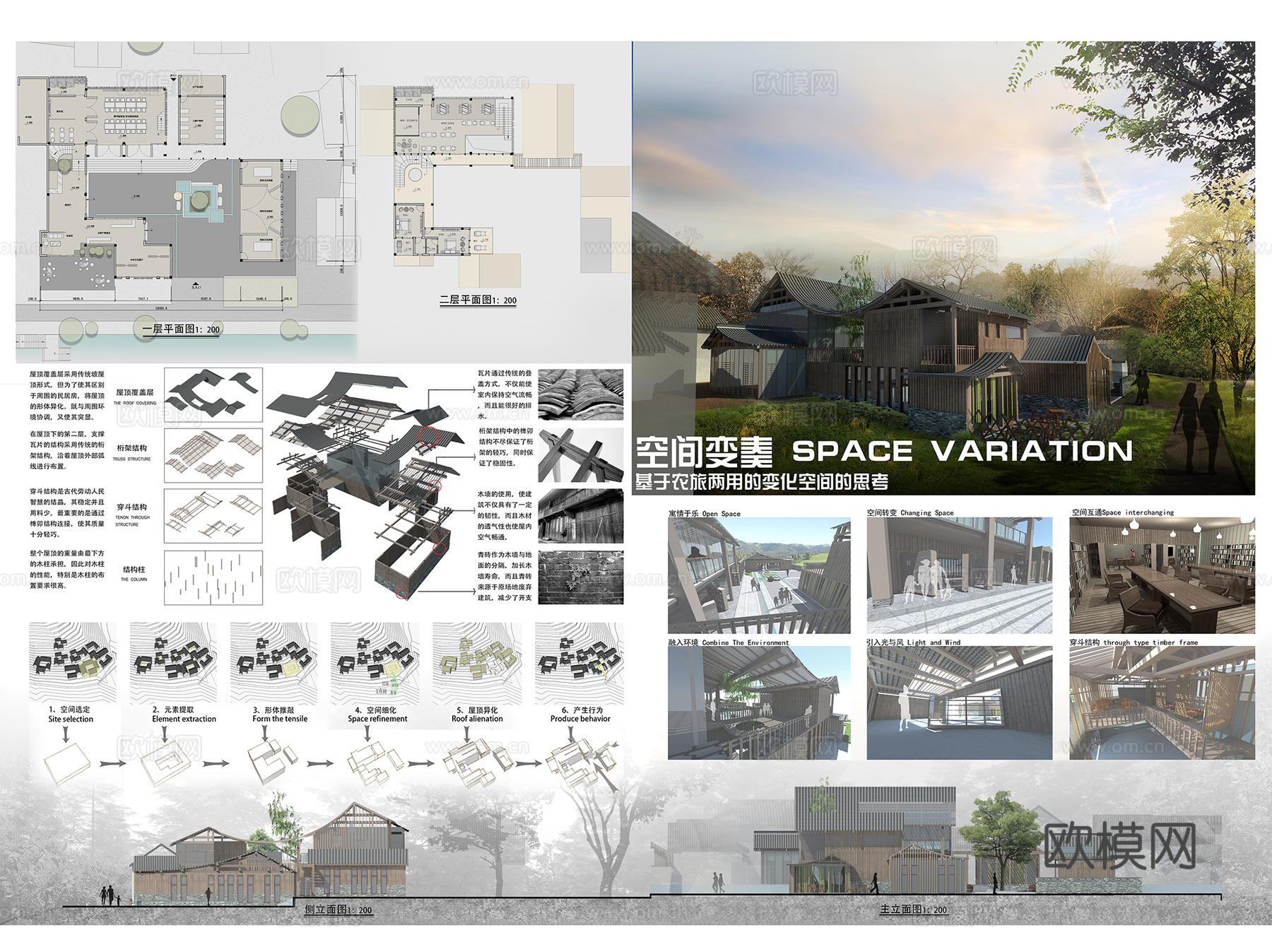 乡村游客村民接待活动中心建筑CAD平面+展板+SUcad施工图