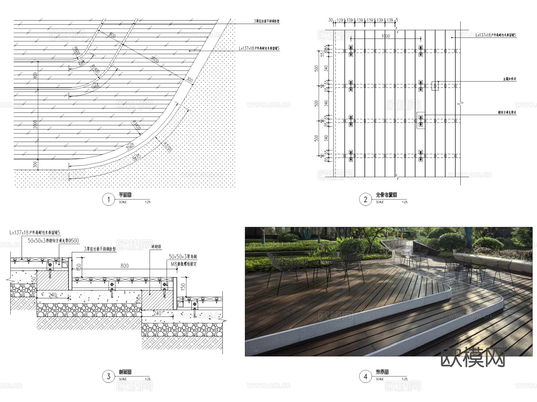 园林景观防腐木铺装木平台栈道节点大样CAD施工详图集 37套cad施工图