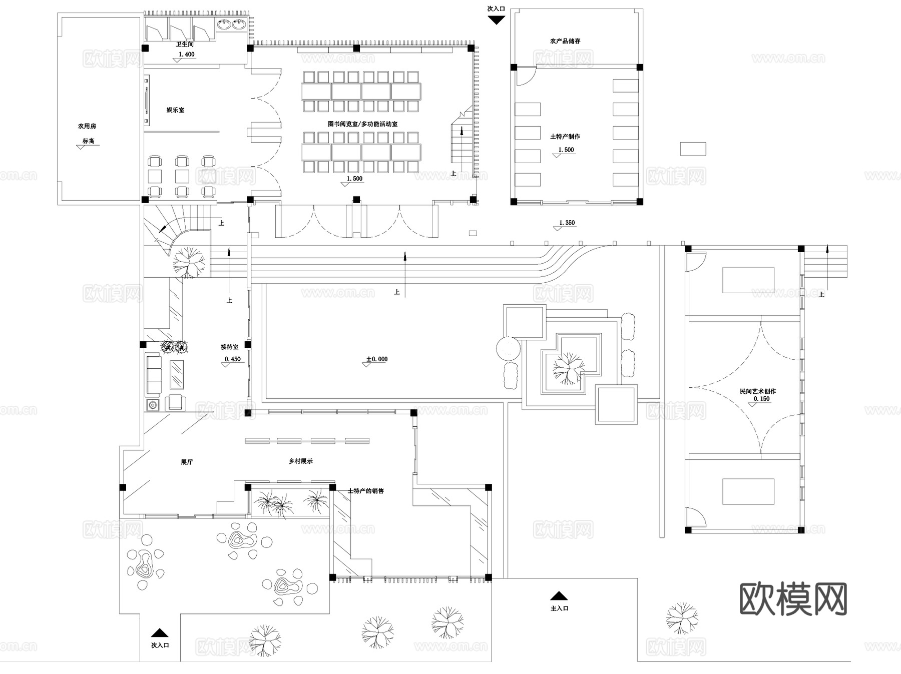 乡村游客村民接待活动中心建筑CAD平面+展板+SUcad施工图