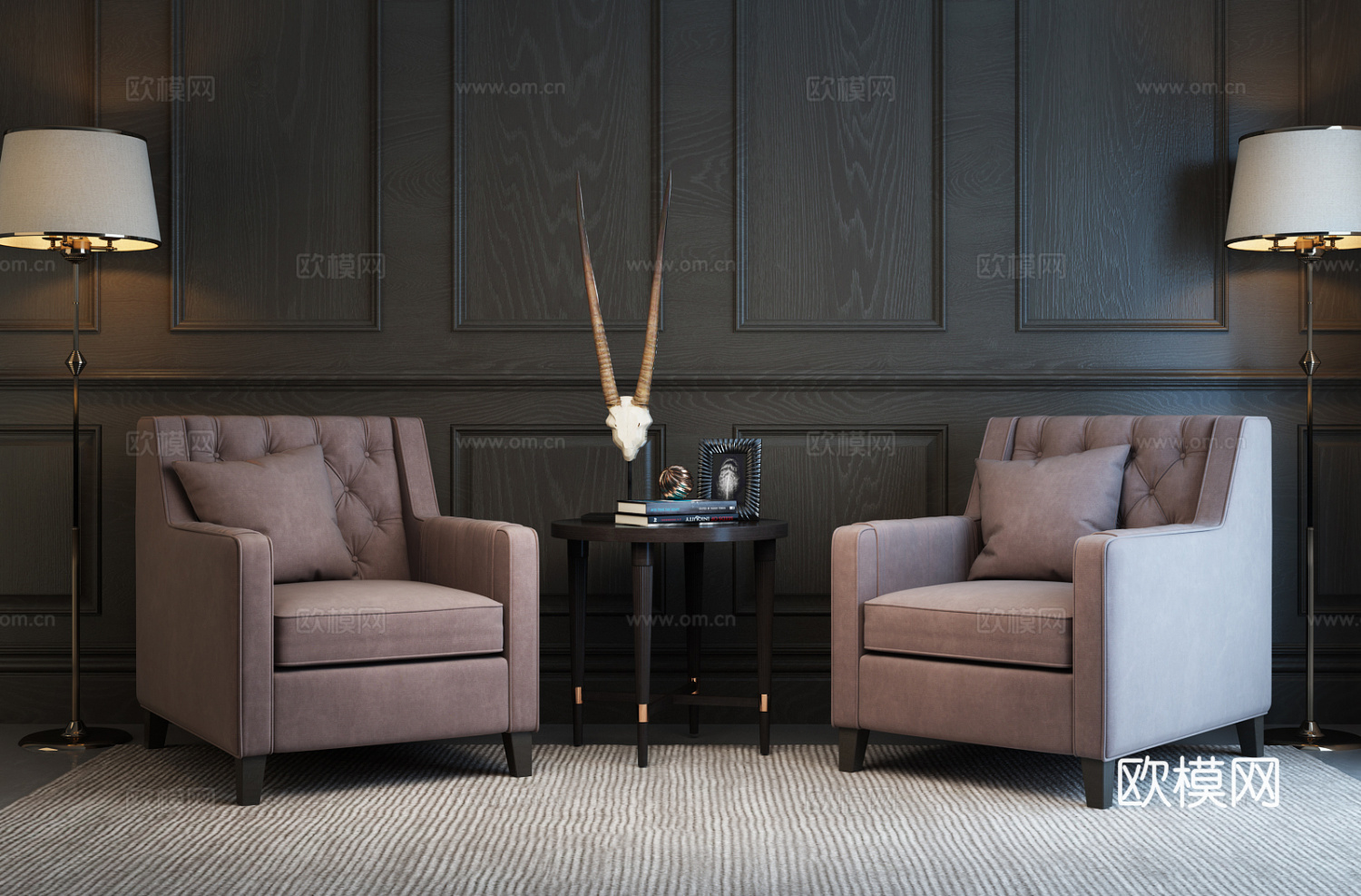 欧式简约休闲座椅 落地灯 茶几 沙发3d模型下载（渲染图2）