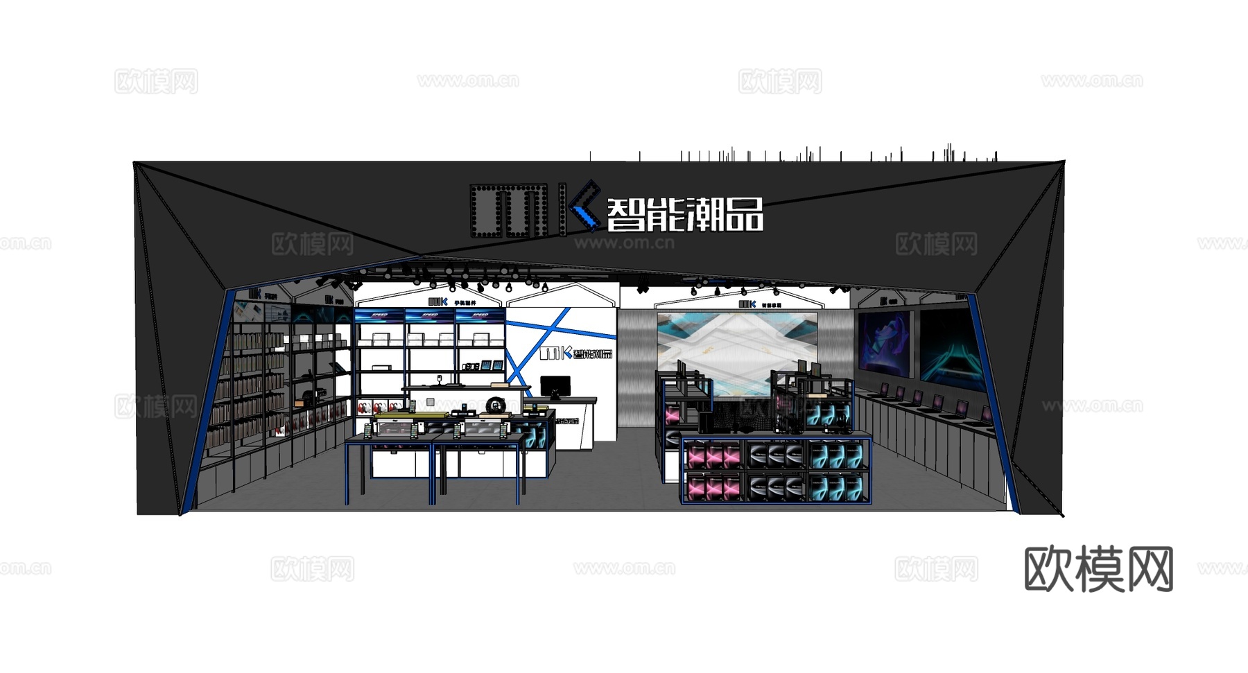 现代科技风数码零售店 多层货架 蓝色LED灯带 中央展桌su模型