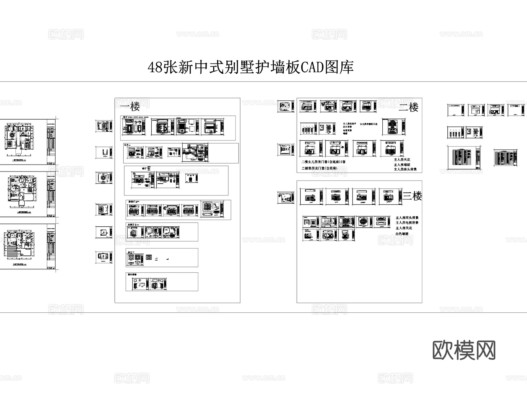 别墅整木板墙护墙板图块图库CAD施工图集 6套cad施工图