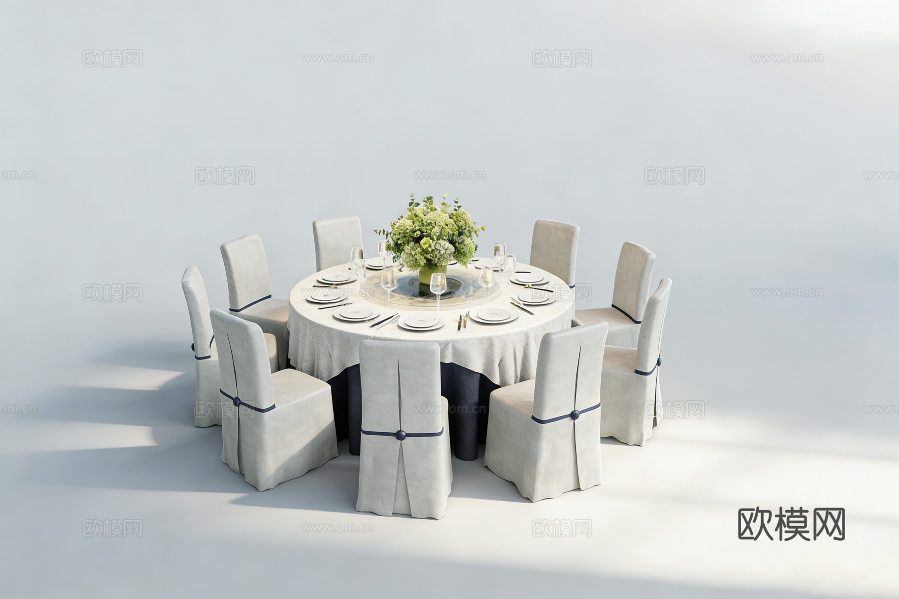 现代简约圆形餐桌 8人位餐椅 带餐具摆台su模型