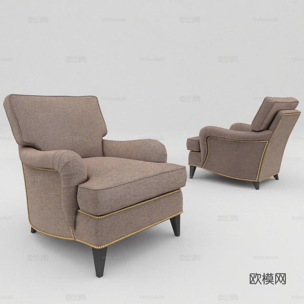 米色布艺扶手椅 复古轻奢客厅家具 黑色木质腿金色镶边设计 商用空间3D模型渲染免费3d模型