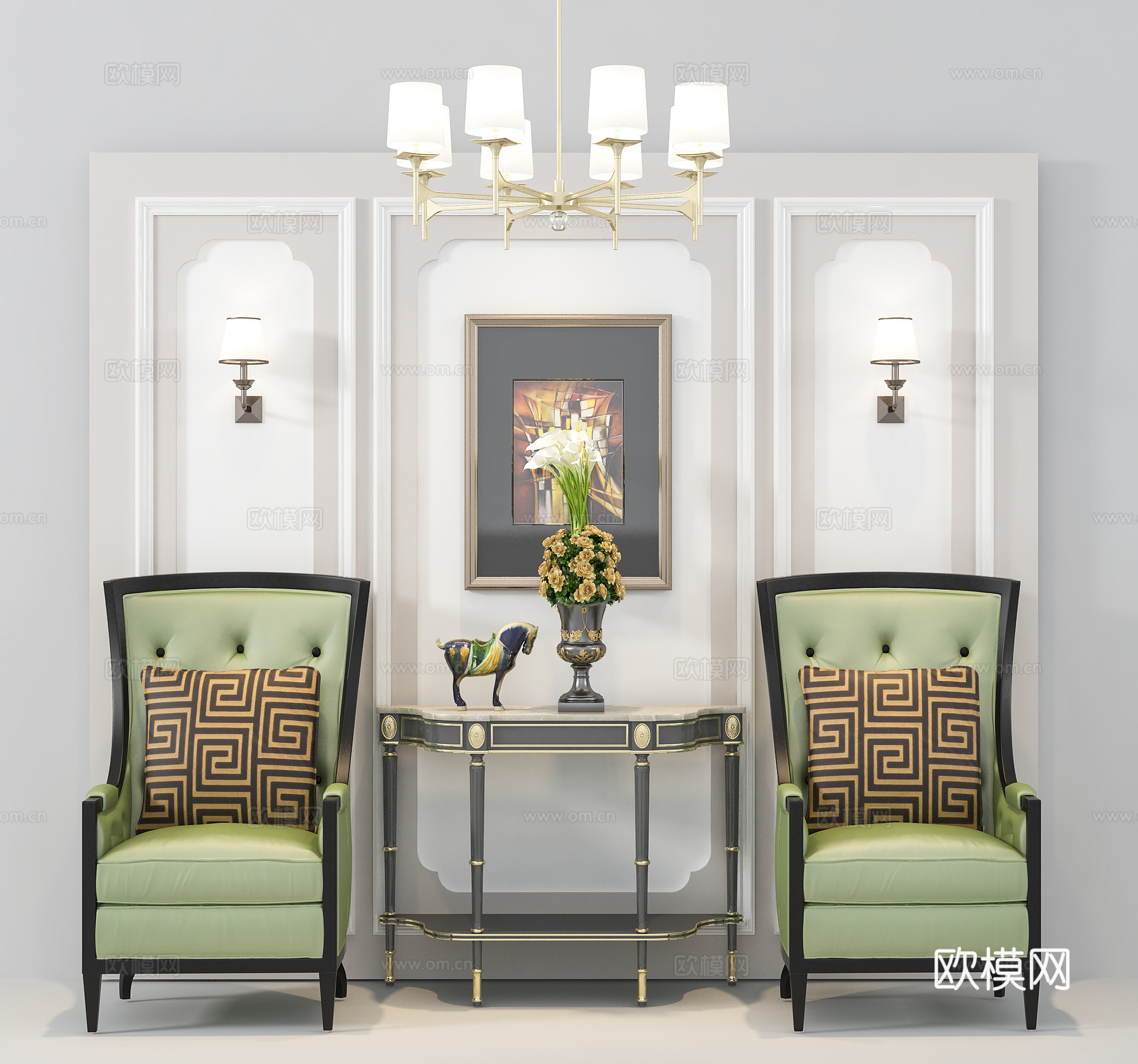 欧式简约休闲椅 边柜 挂画 背景墙 吊灯 壁灯 摆件 饰品3d模型下载（渲染图2）