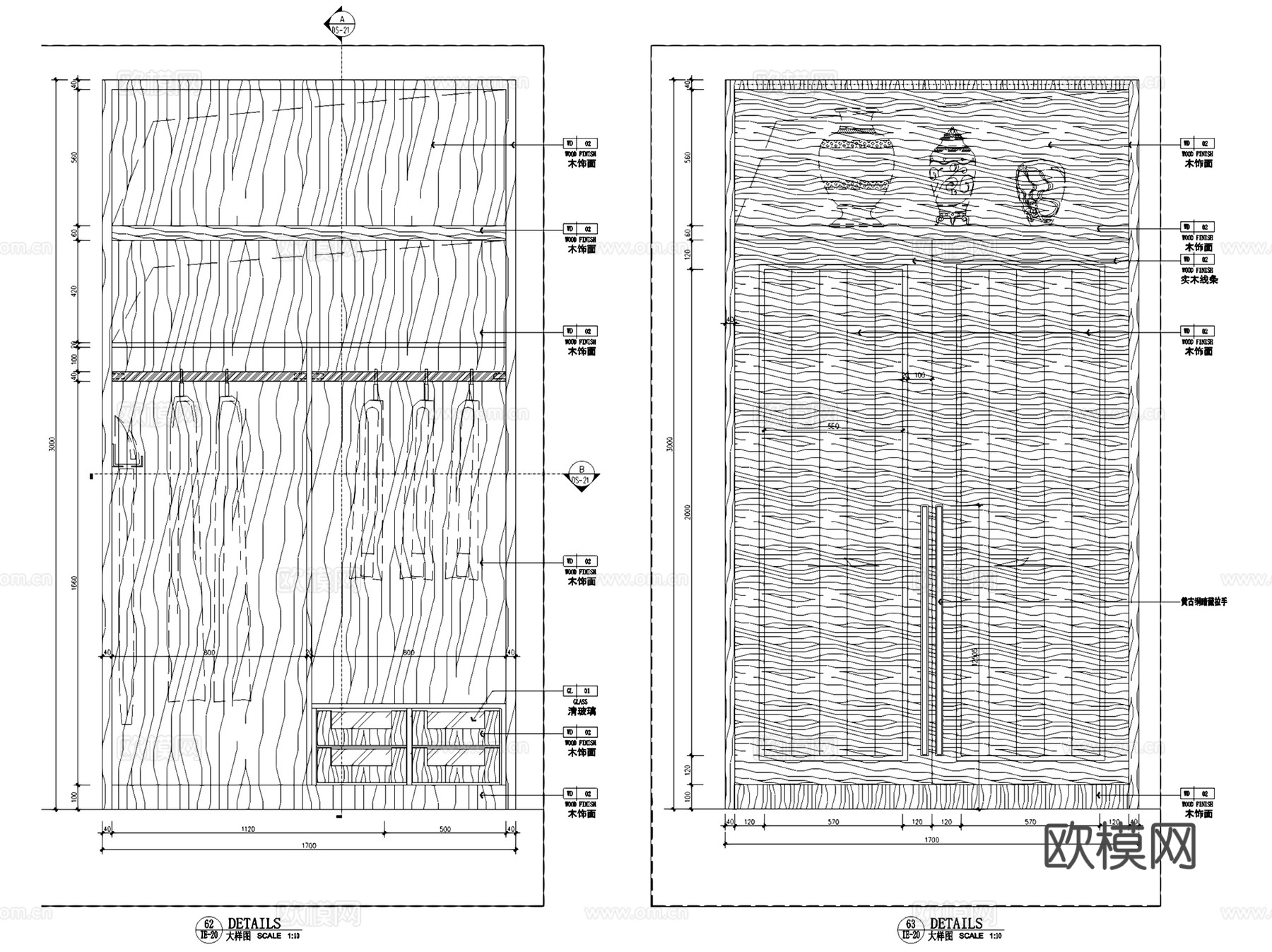室内双三移门衣柜节点大样详图CAD施工图集 30套cad施工图