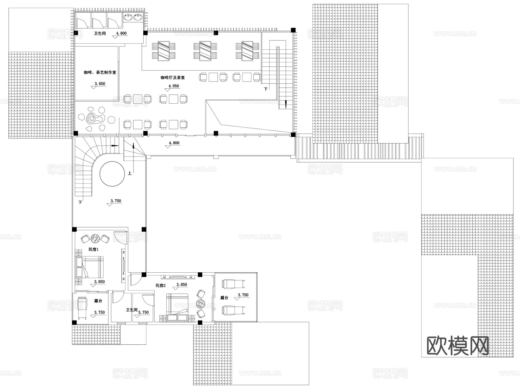 乡村游客村民接待活动中心建筑CAD平面+展板+SUcad施工图