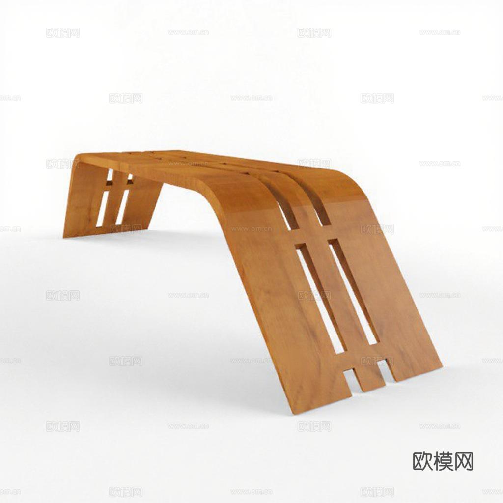 3D渲染现代弧形木艺长凳 镂空条状家具设计模型 自然木纹室内装饰效果图免费3d模型下载
