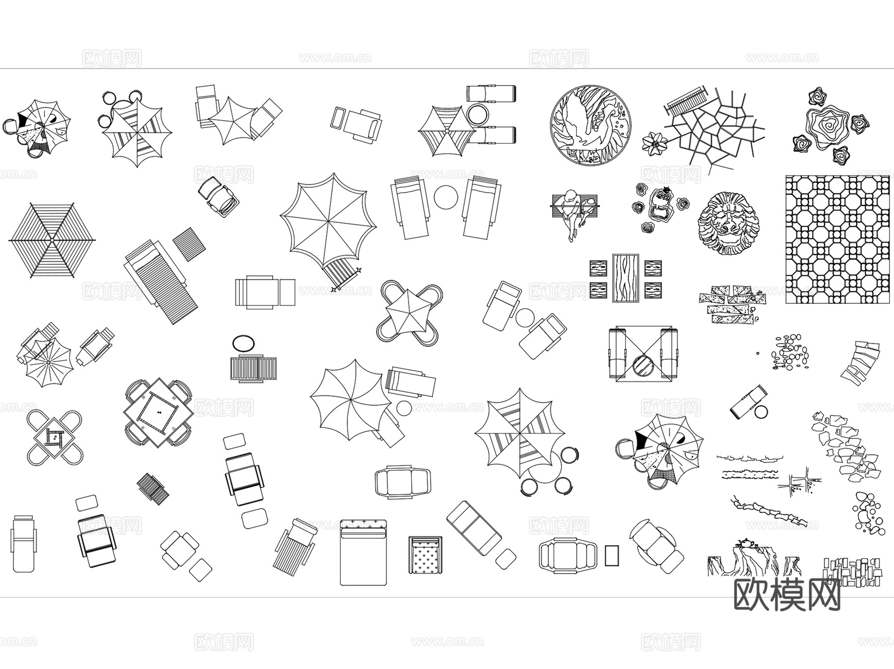 户外餐桌椅太阳伞景观小品平面CAD图块图库集 4套cad施工图